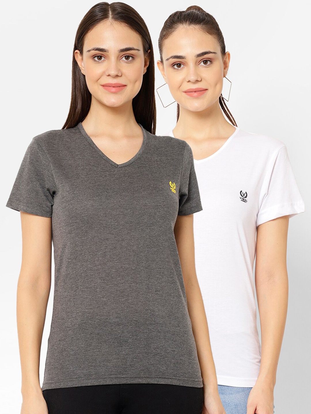 MACK JONNEY Women Pack Of 2 Solid V-Neck T-shirt, Grey