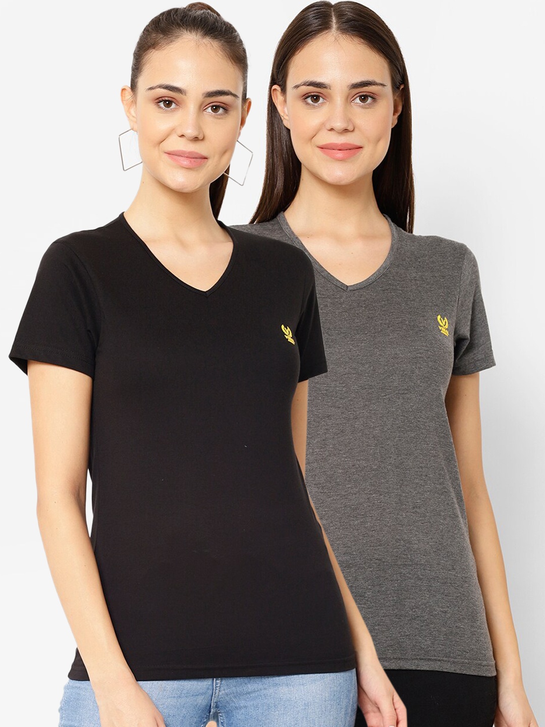 

MACK JONNEY Women Pack Of 2 Solid V-Neck T-shirt, Grey