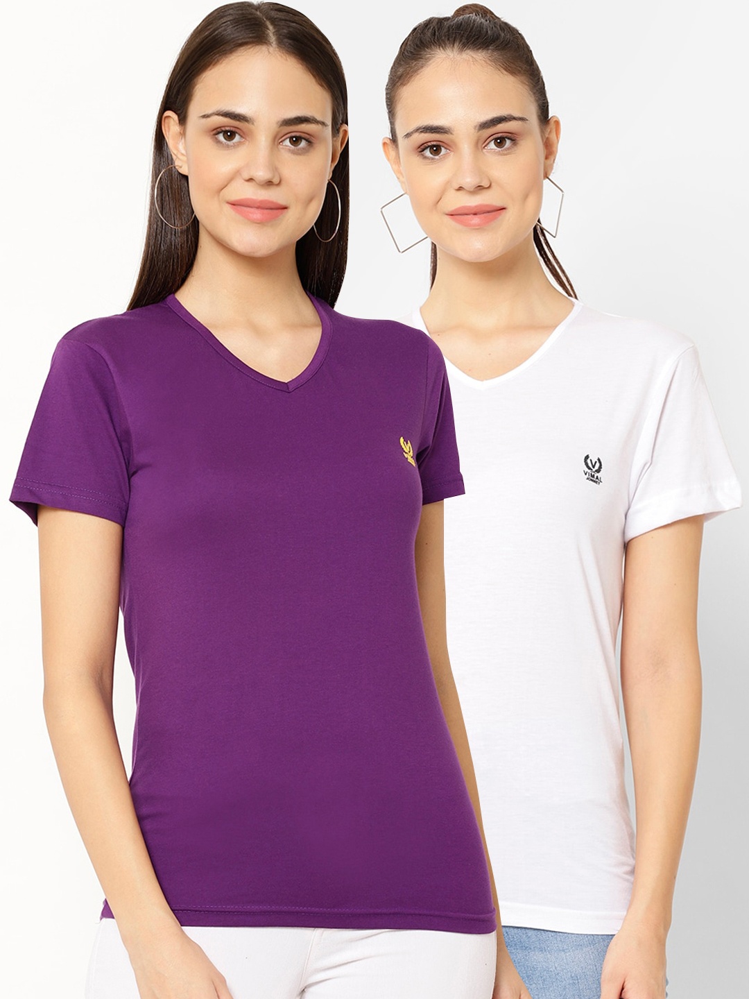 

MACK JONNEY Women Pack Of 2 Solid V-Neck T-shirt, Purple