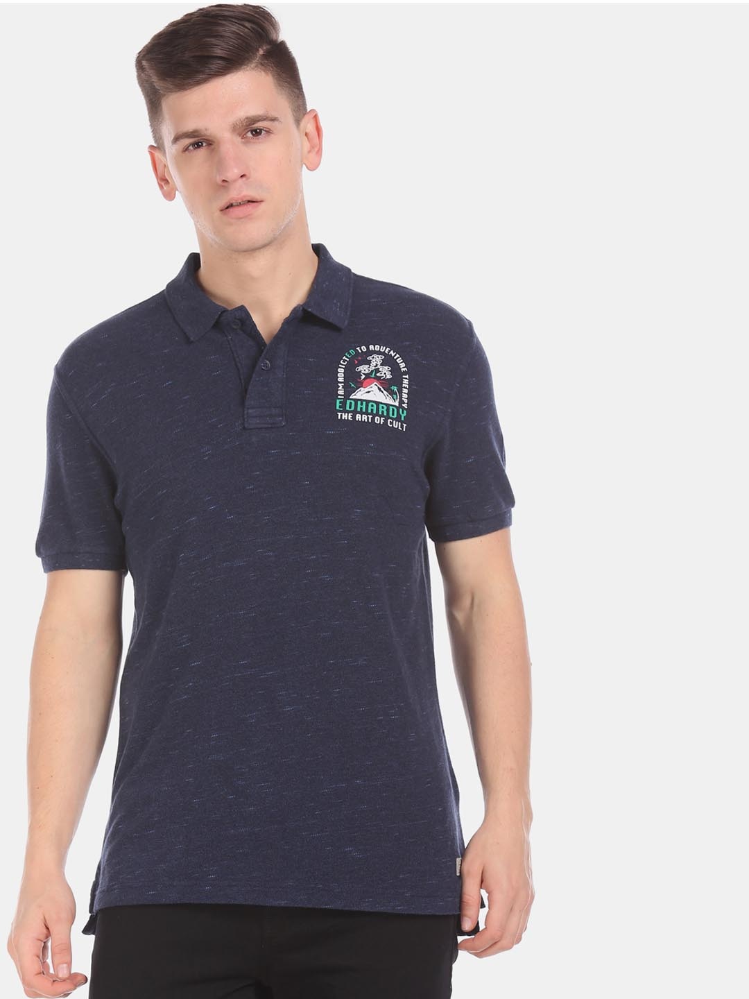 

Ed Hardy Men Navy Blue Self Design Polo Collar Pure Cotton T-shirt