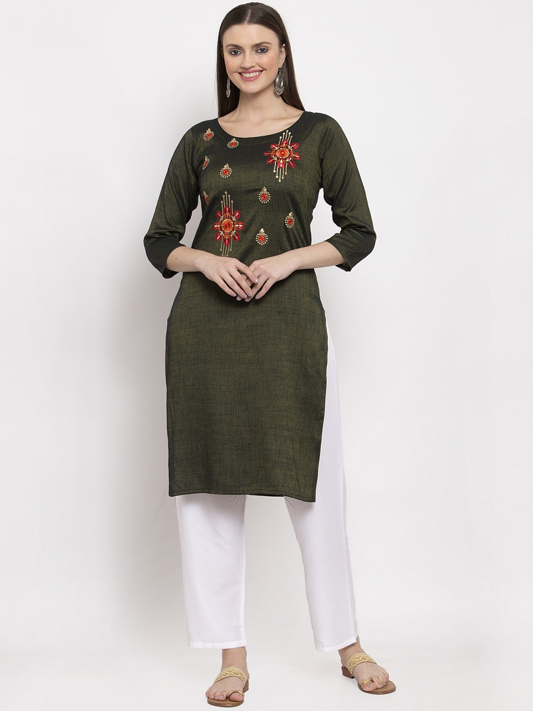 

Miaz Lifestyle Women Green Embroidered Straight Kurta