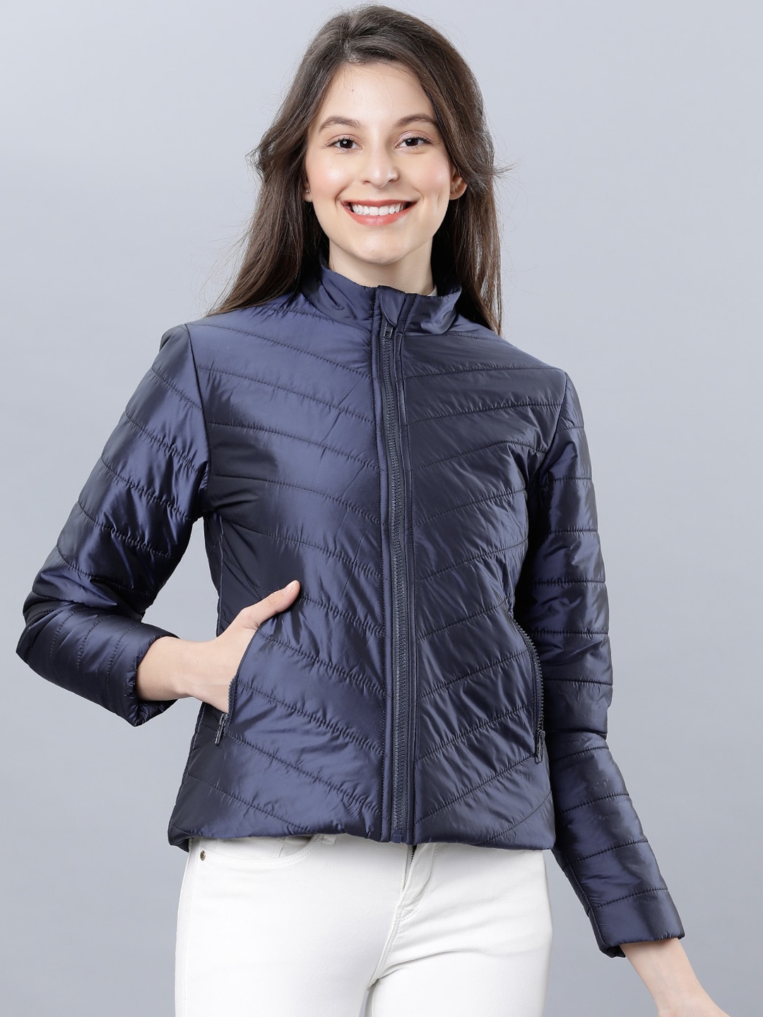 Tokyo Talkies Women Navy Blue Solid Padded Jacket