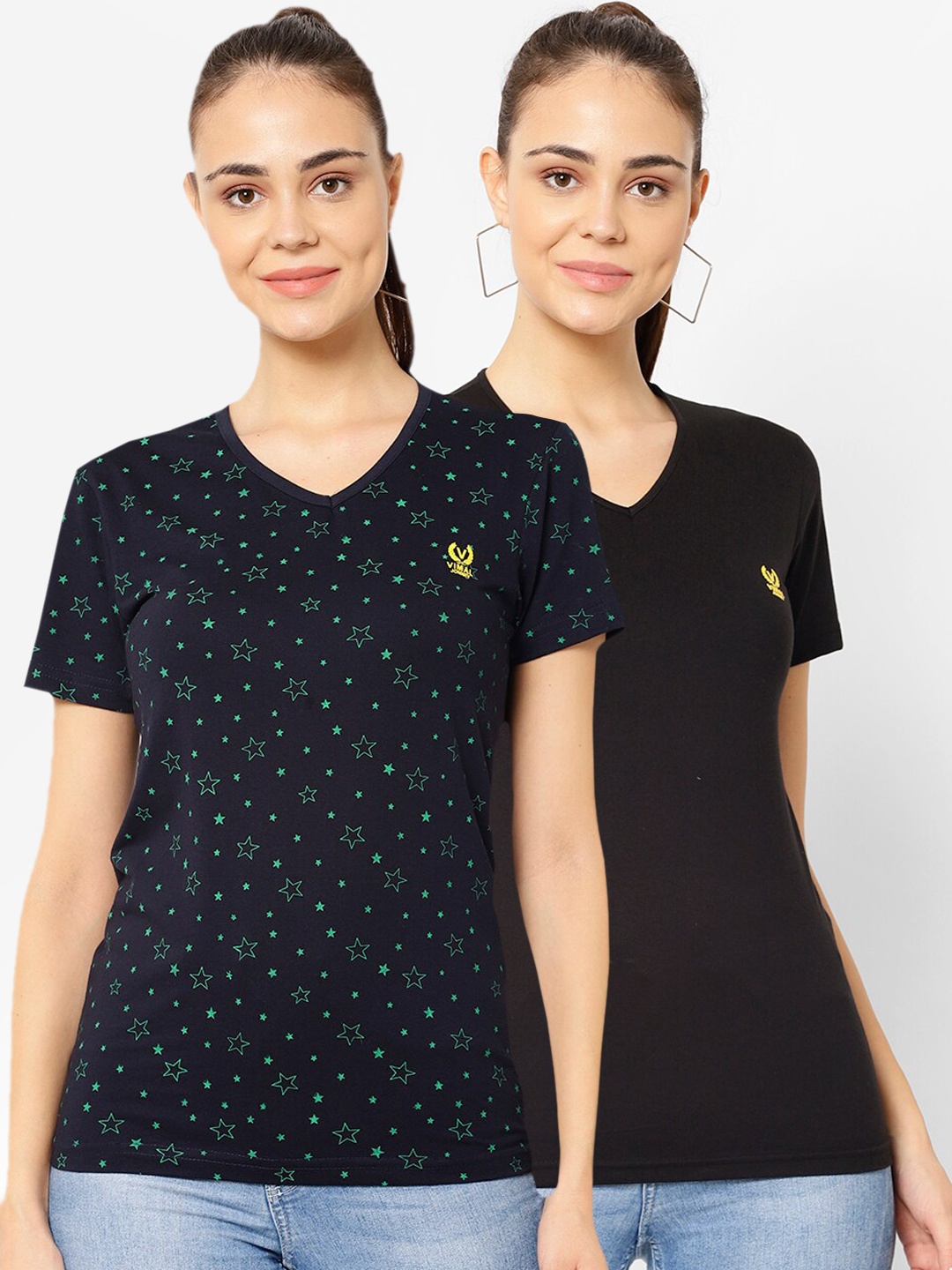 

MACK JONNEY Women Pack Of 2 Solid V-Neck T-shirt, Black
