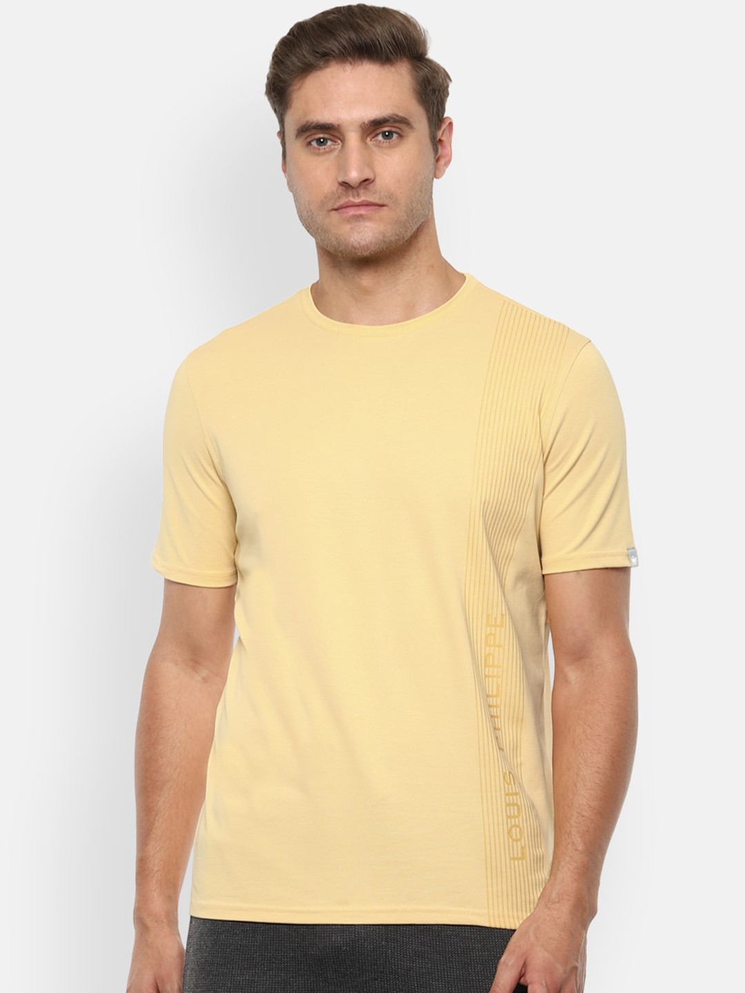 

Louis Philippe ATHPLAY Men Yellow Solid Round Neck Pure Cotton T-shirt