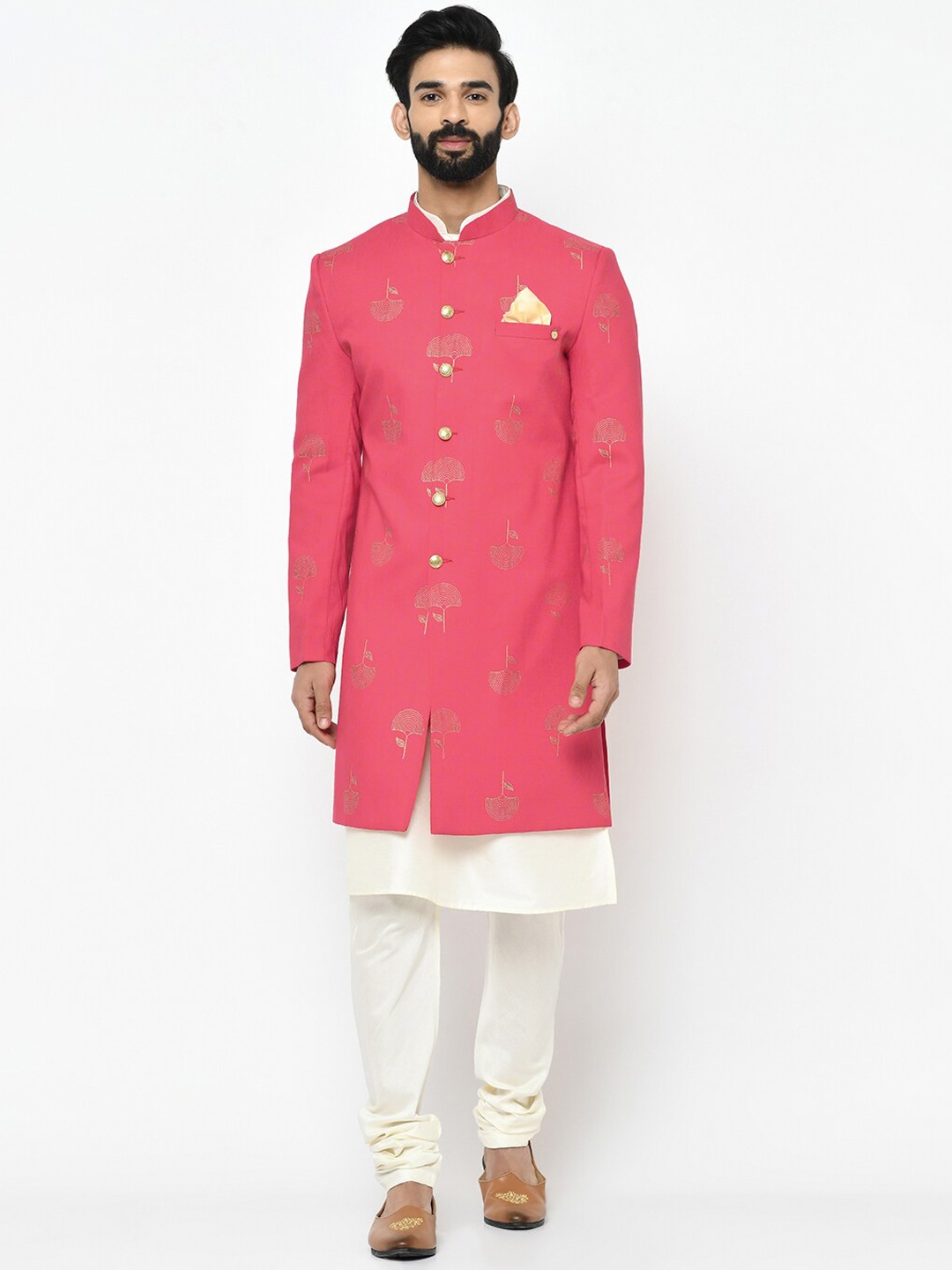 

Vartah Men Pink & Off-White Printed Sherwani Set