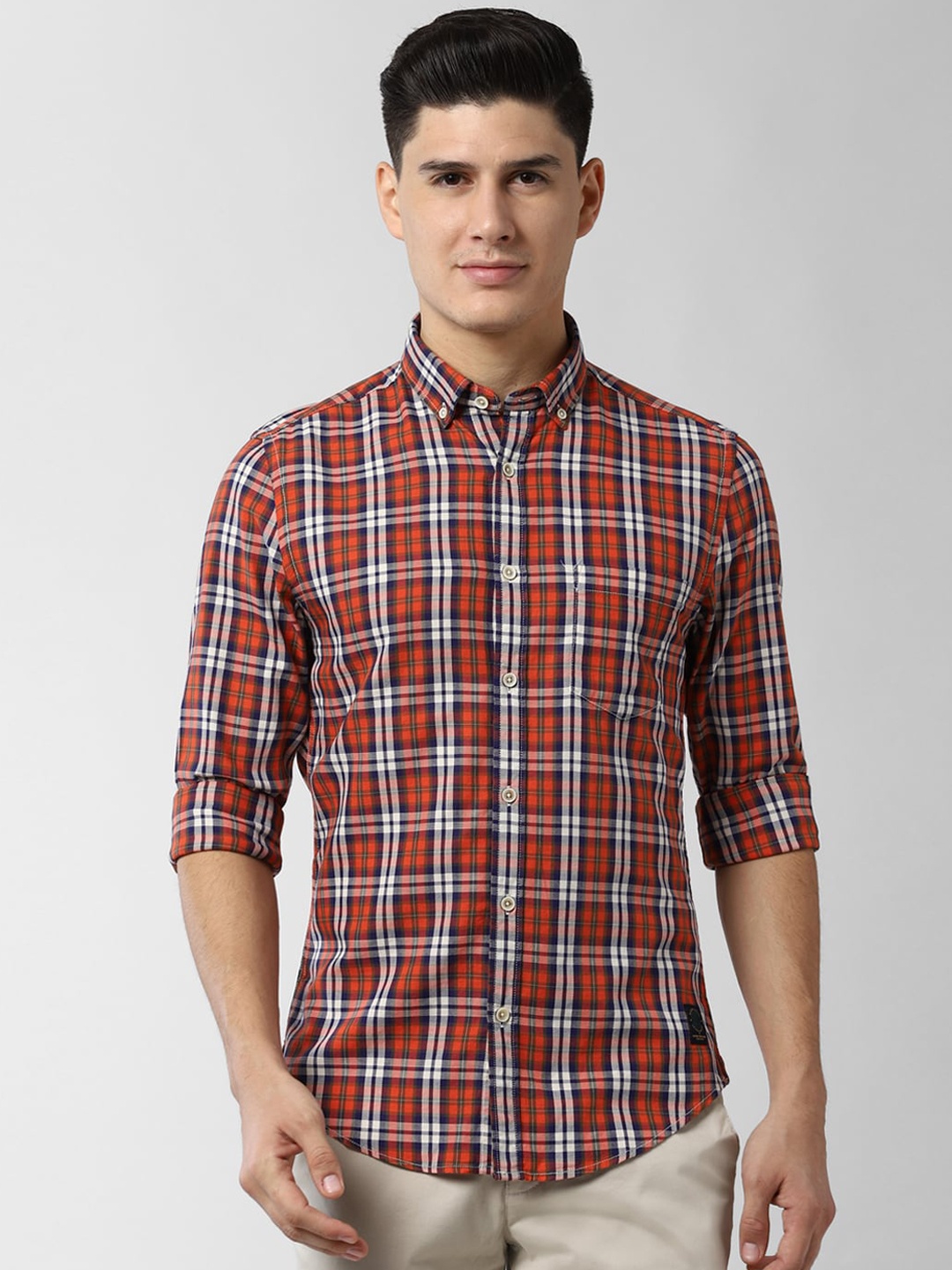 Peter England Casuals Men Orange Slim Fit Checked Casual Shirt