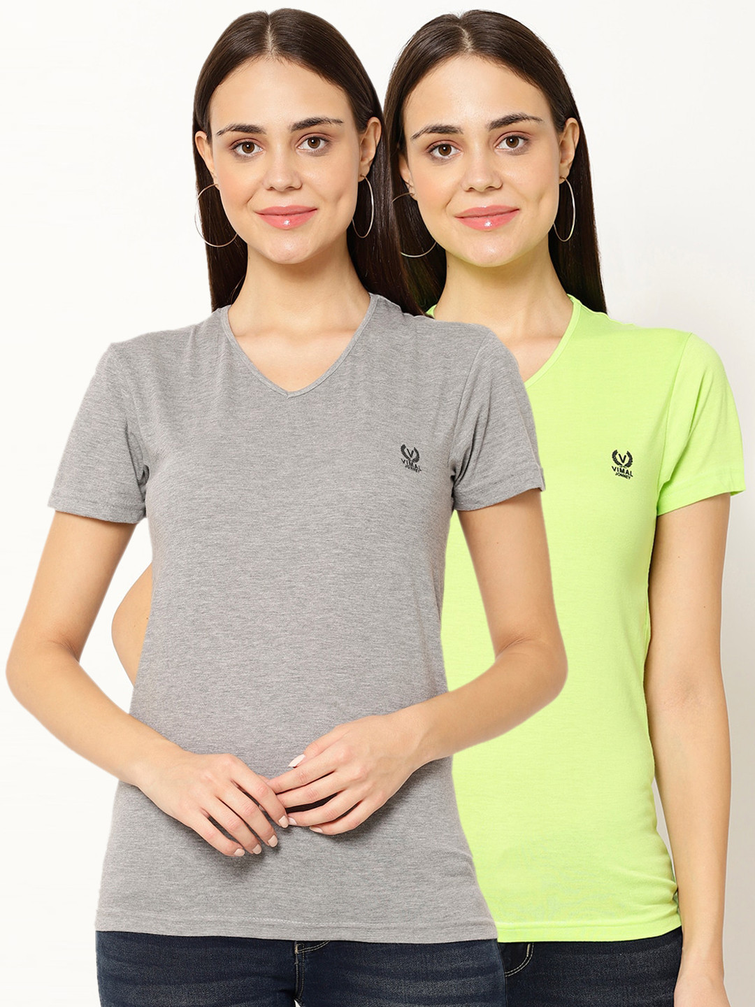 

MACK JONNEY Women Pack Of 2 Solid V-Neck T-shirt, Green