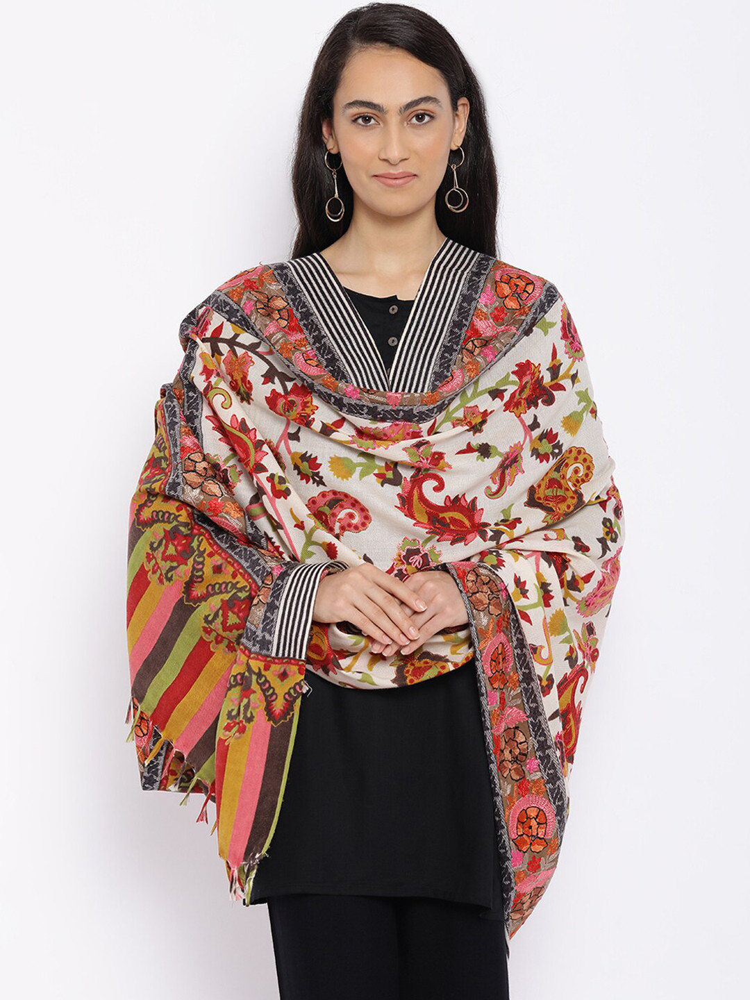 

Pashmoda White & Orange Pure Wool Kalamkari Embroidered Shawl
