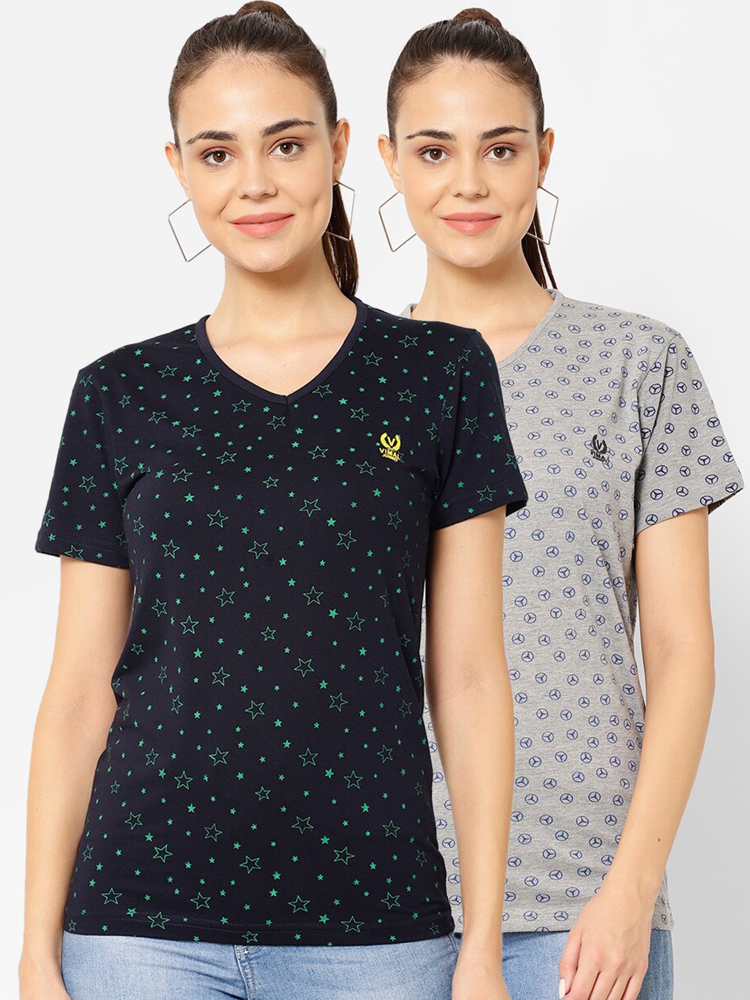 

MACK JONNEY Women Pack Of 2 Printed V-Neck T-shirt, Navy blue
