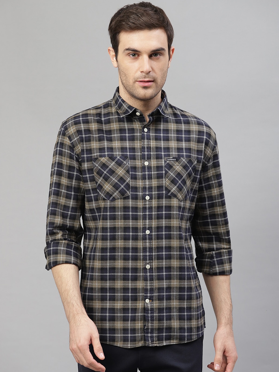 

LINDBERGH Men Olive Green & Navy Blue Regular Fit Checked Casual Shirt