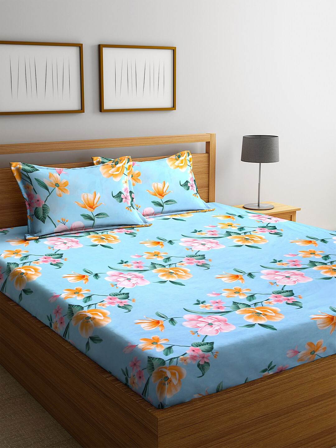 

KLOTTHE Blue Floral 210 TC Cotton 1 King Bedsheet with 2 Pillow Covers