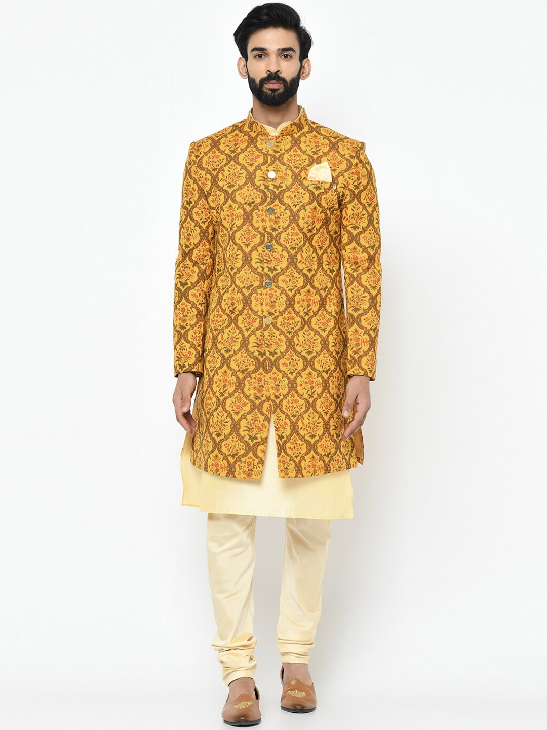 

Vartah Men Mustard Yellow & Cream-Coloured Printed Sherwani Set