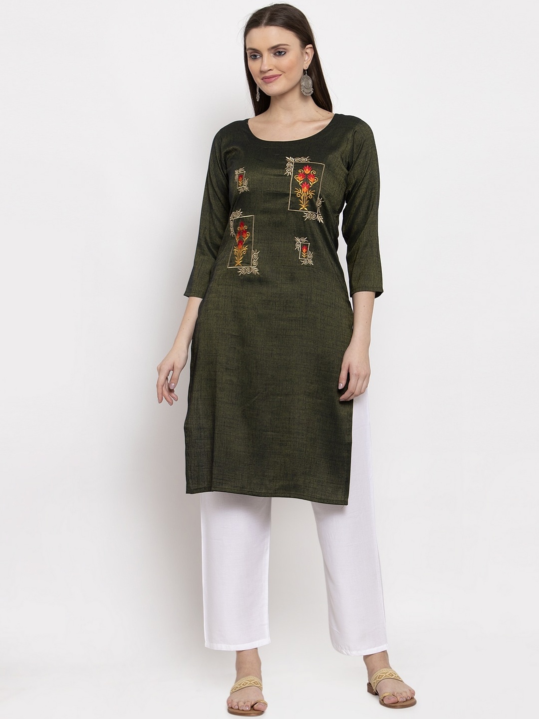 

Miaz Lifestyle Women Green Embroidered Straight Kurta