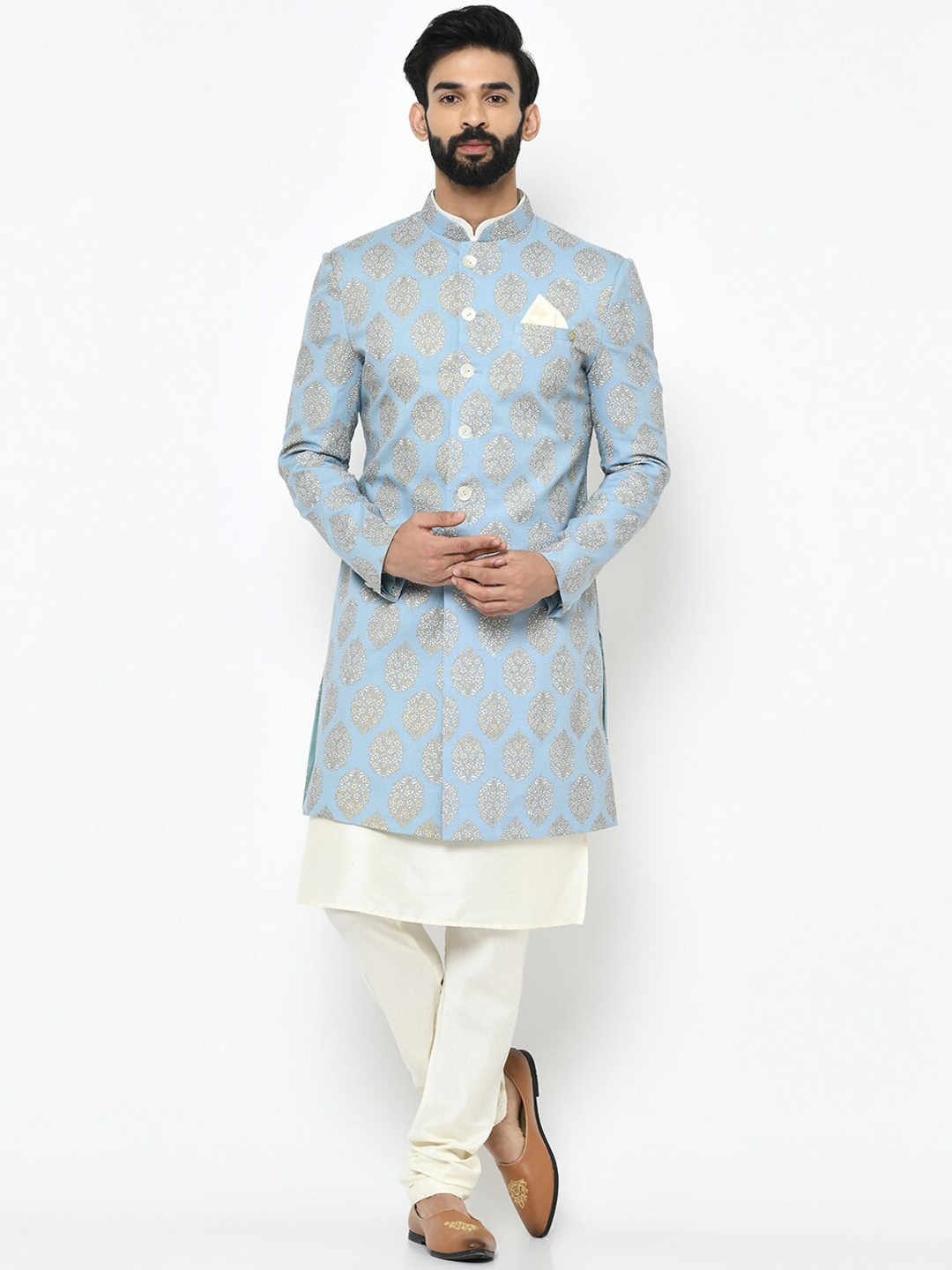 

Vartah Men Blue & Off-White Printed Sherwani Set