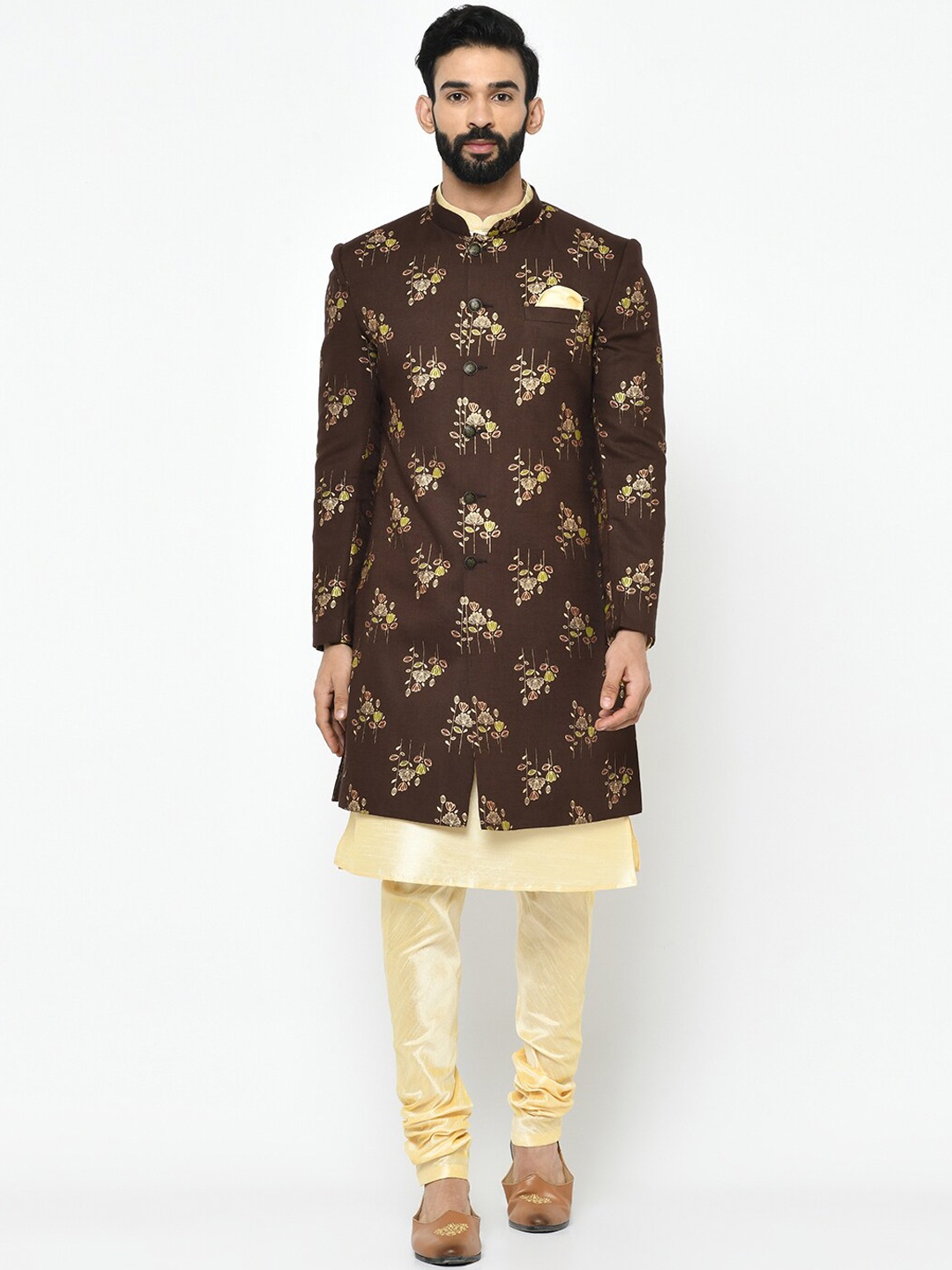 

Vartah Men Brown & Gold-Coloured Printed Sherwani Set