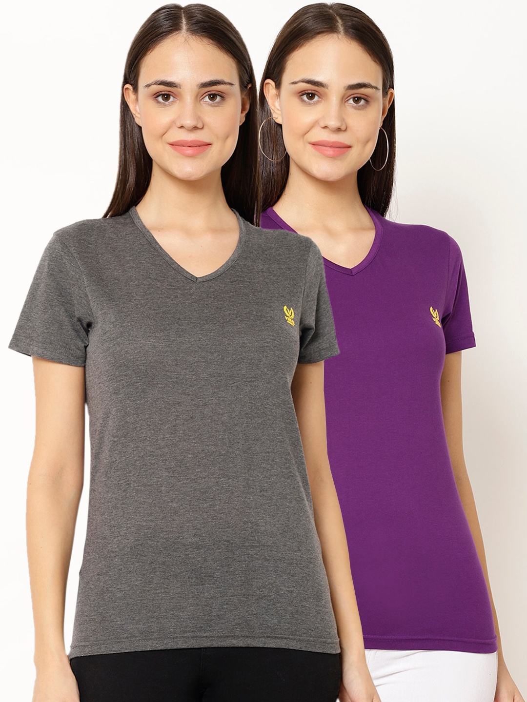 

MACK JONNEY Women Pack Of 2 Solid V-Neck T-shirt, Grey