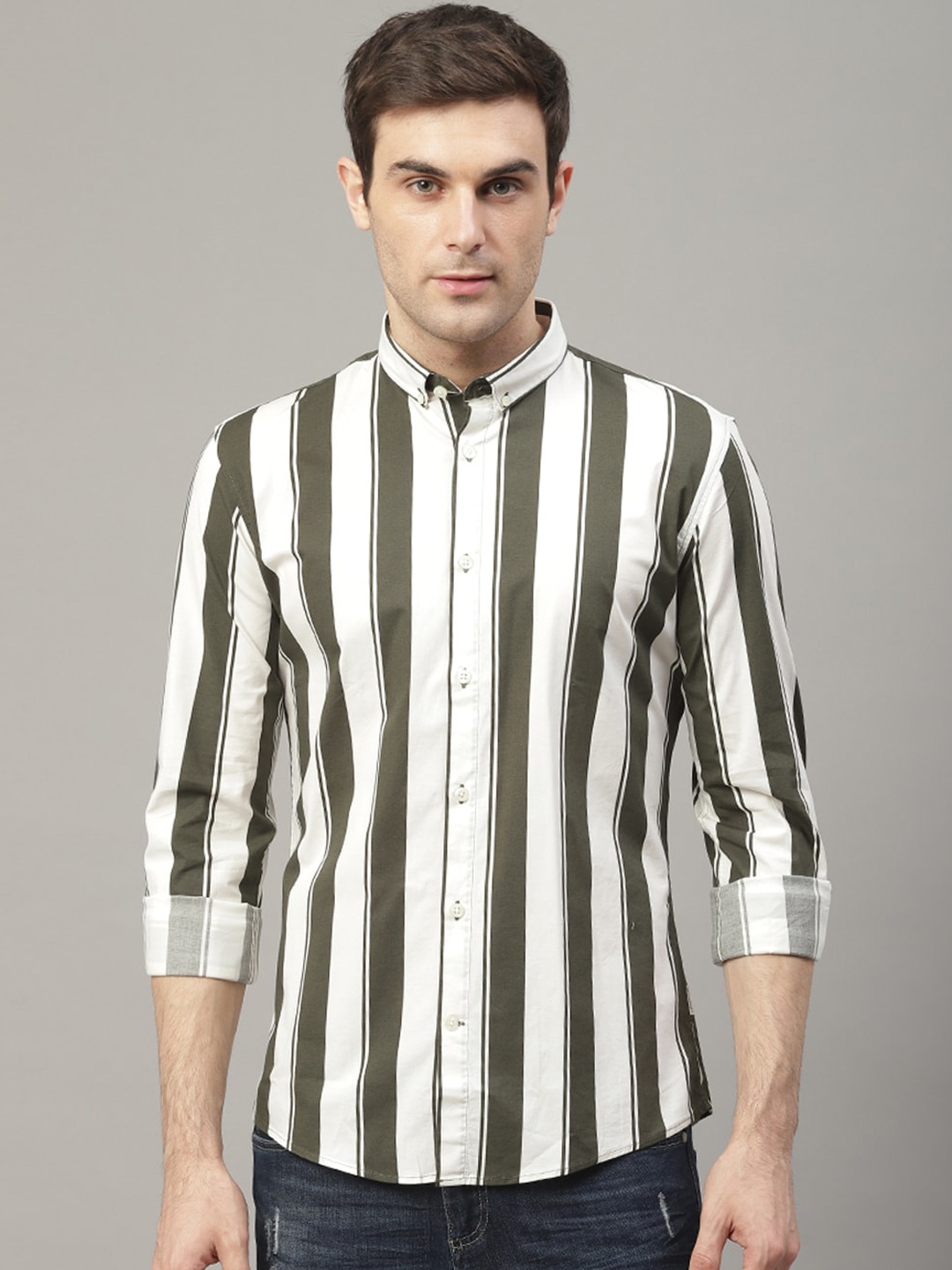 

LINDBERGH Men Green & White Slim Fit Striped Casual Shirt