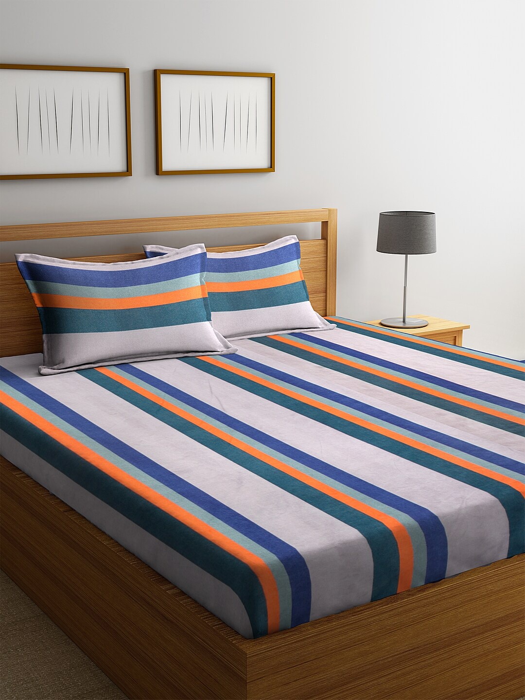 

KLOTTHE Grey & Blue Striped 210 TC Cotton 1 King Bedsheet with 2 Pillow Covers