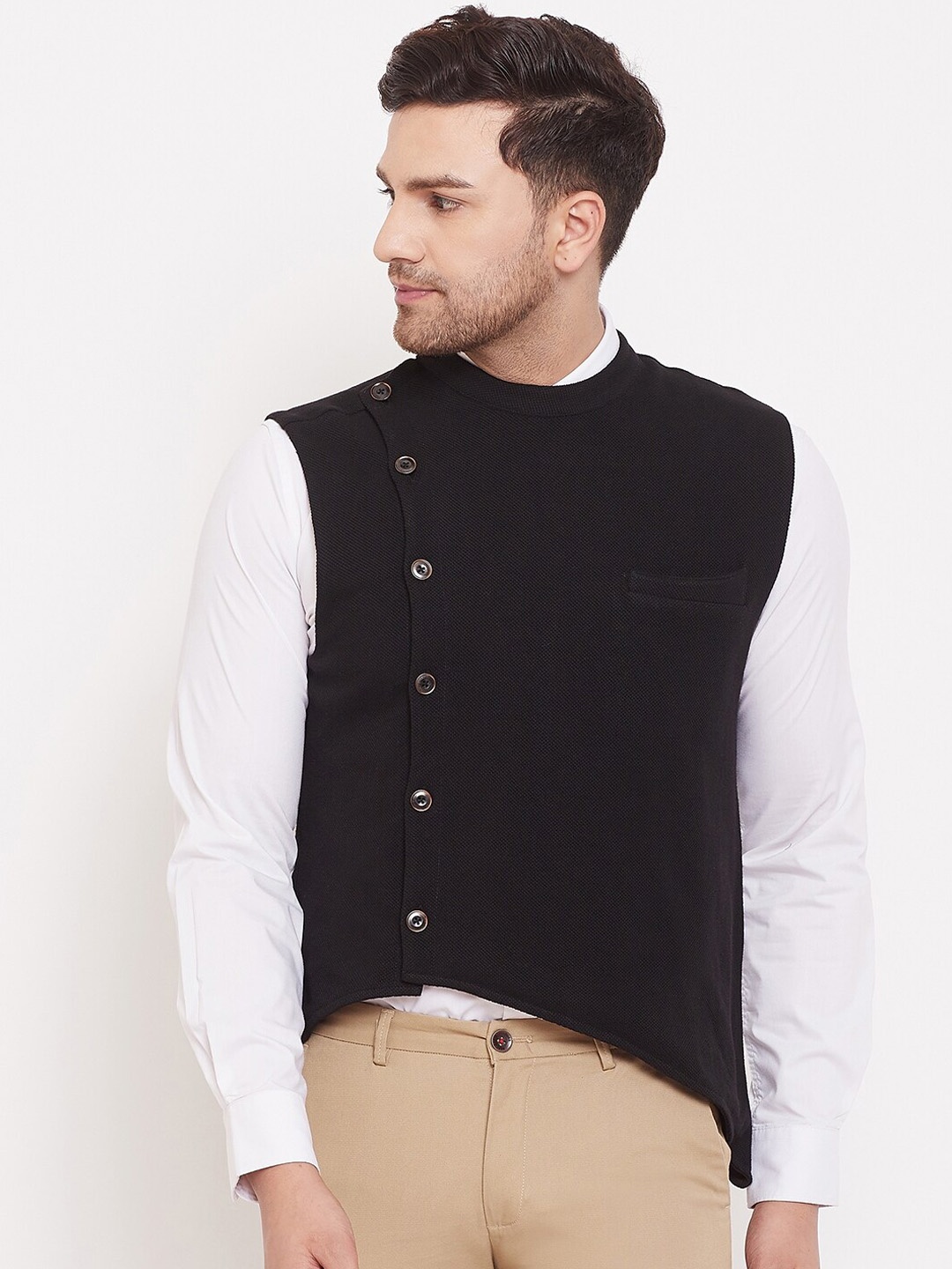 

CHILL WINSTON Men Black Solid Woven Design Pure Cotton Waistcoat