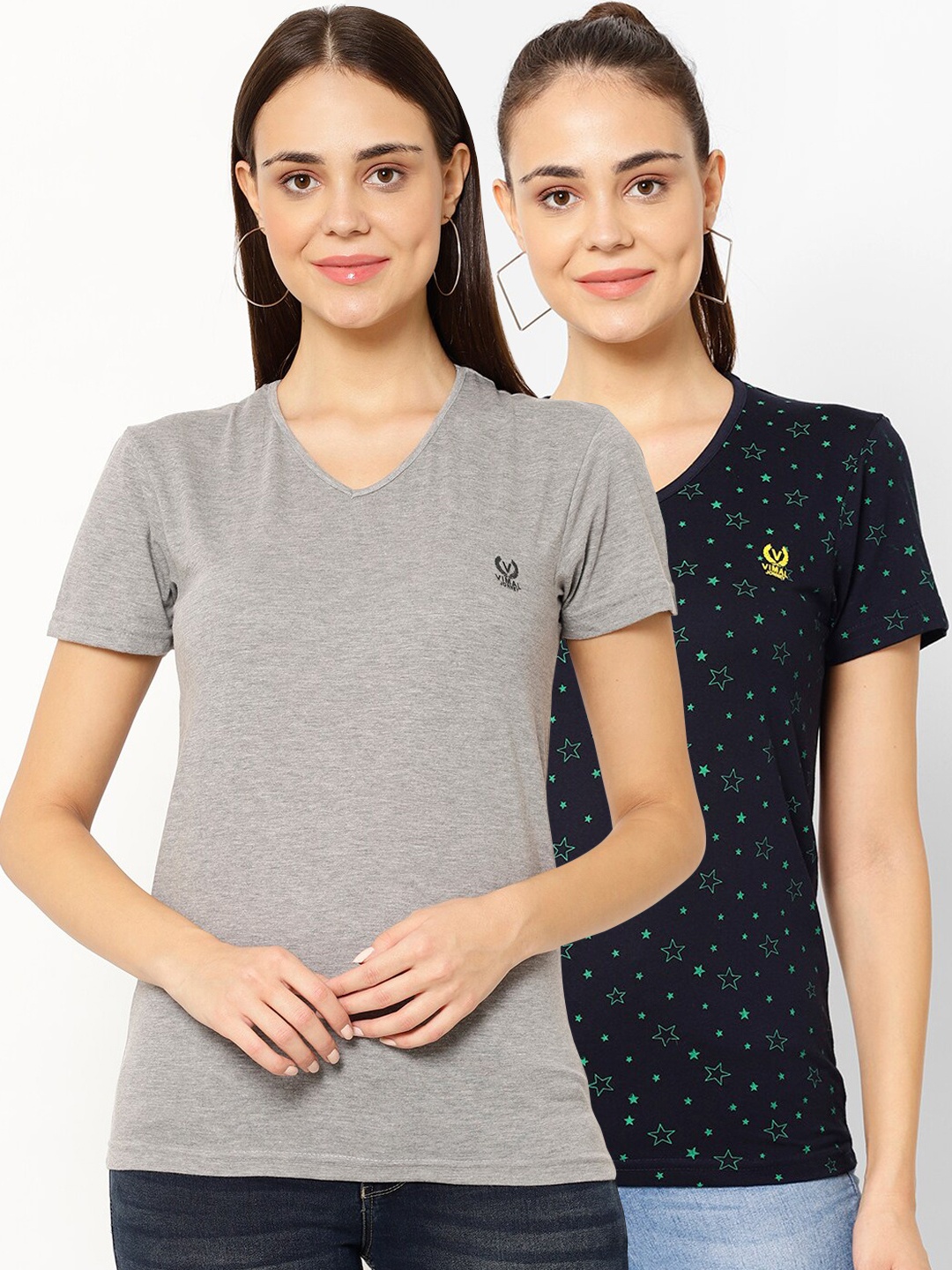 

MACK JONNEY Women Pack Of 2 Solid V-Neck T-shirt, Grey