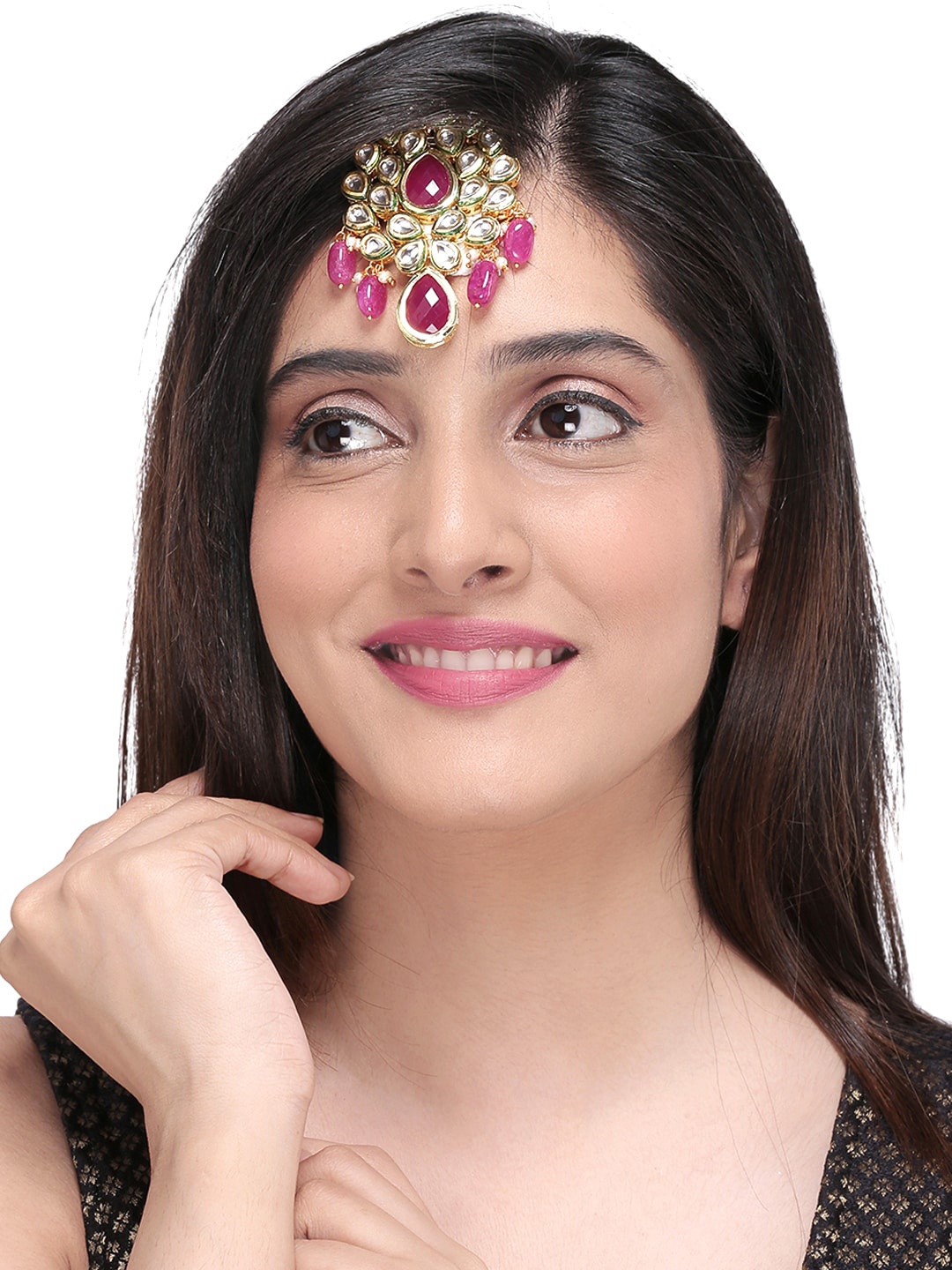 

Pink Stone Handcrafted Oxidised Kundan Studded Maang Tikka