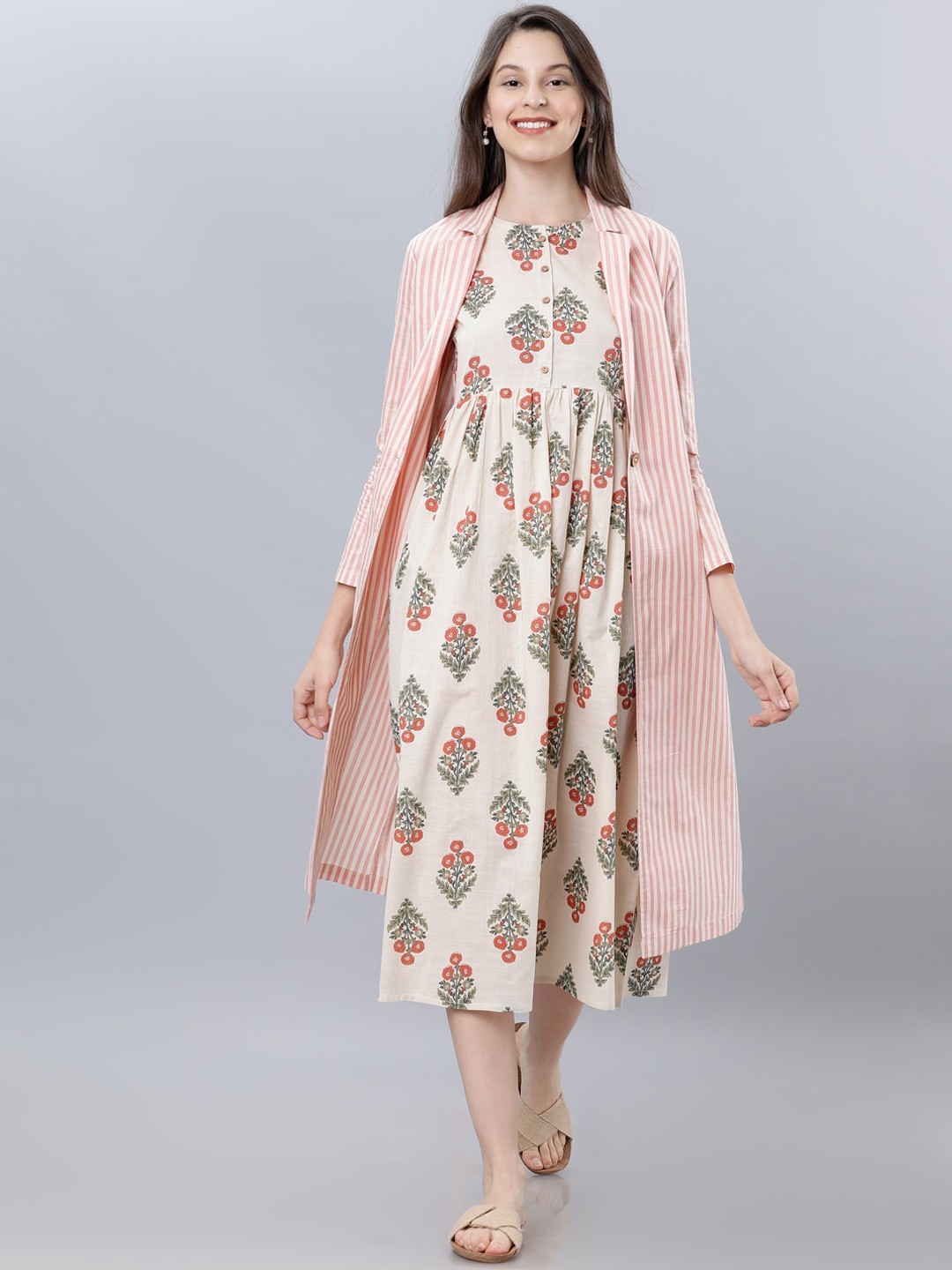 

Vishudh Women Beige Printed Empire Dress With Jacket