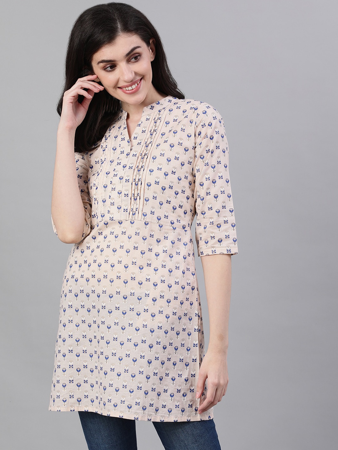 

Nayo Women's Beige & Blue Printed Tunic