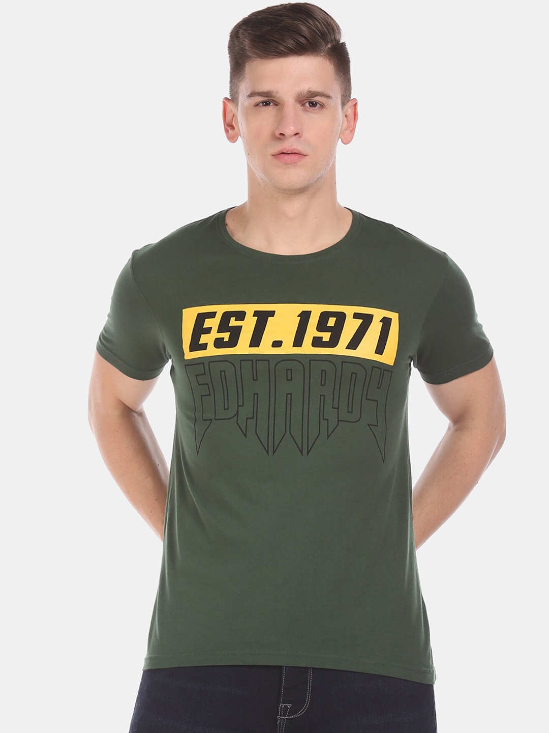Ed Hardy Men Green Printed Round Neck T-shirt