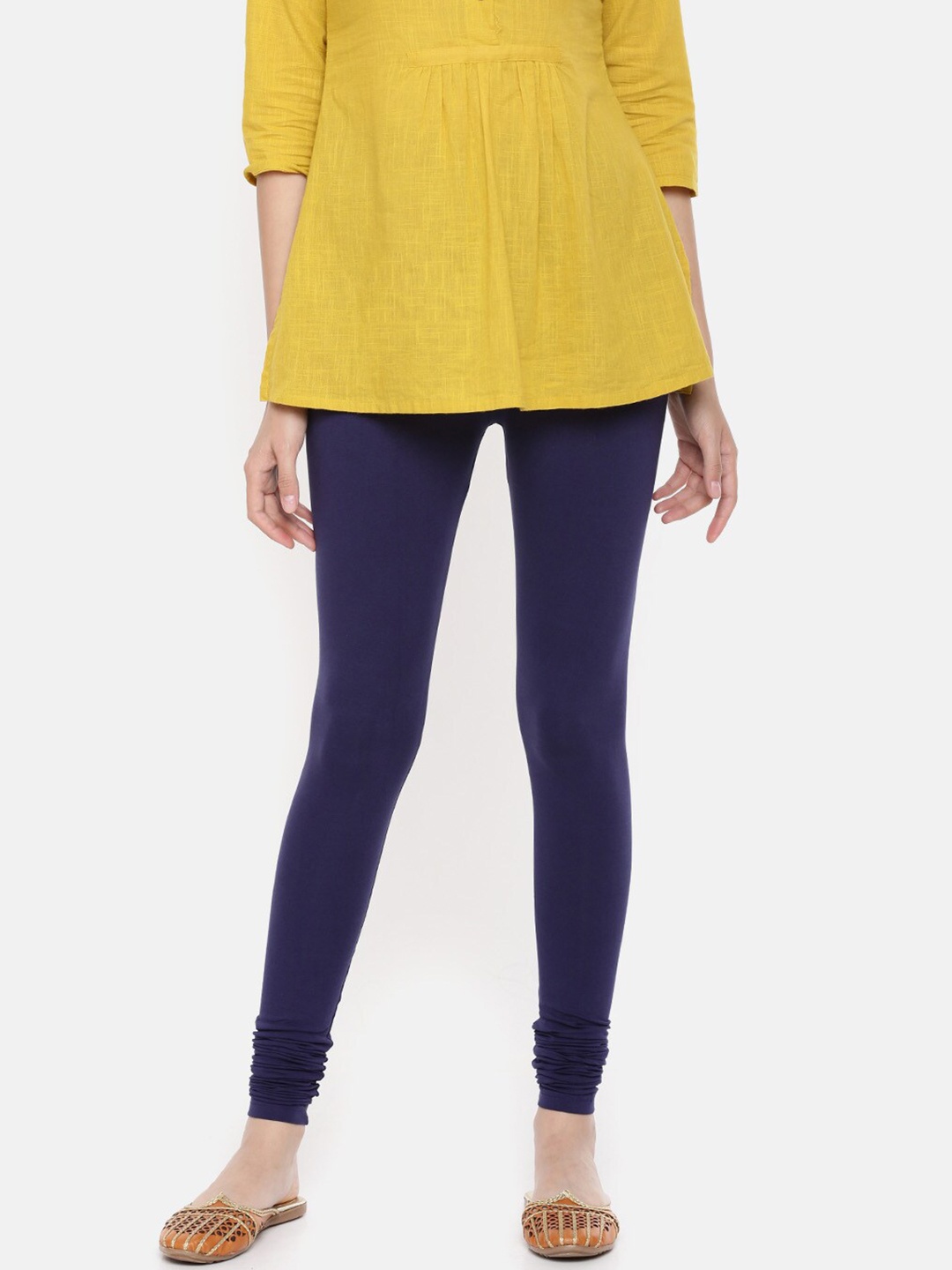 De Moza Women Navy Blue Solid Churidar-Length Leggings