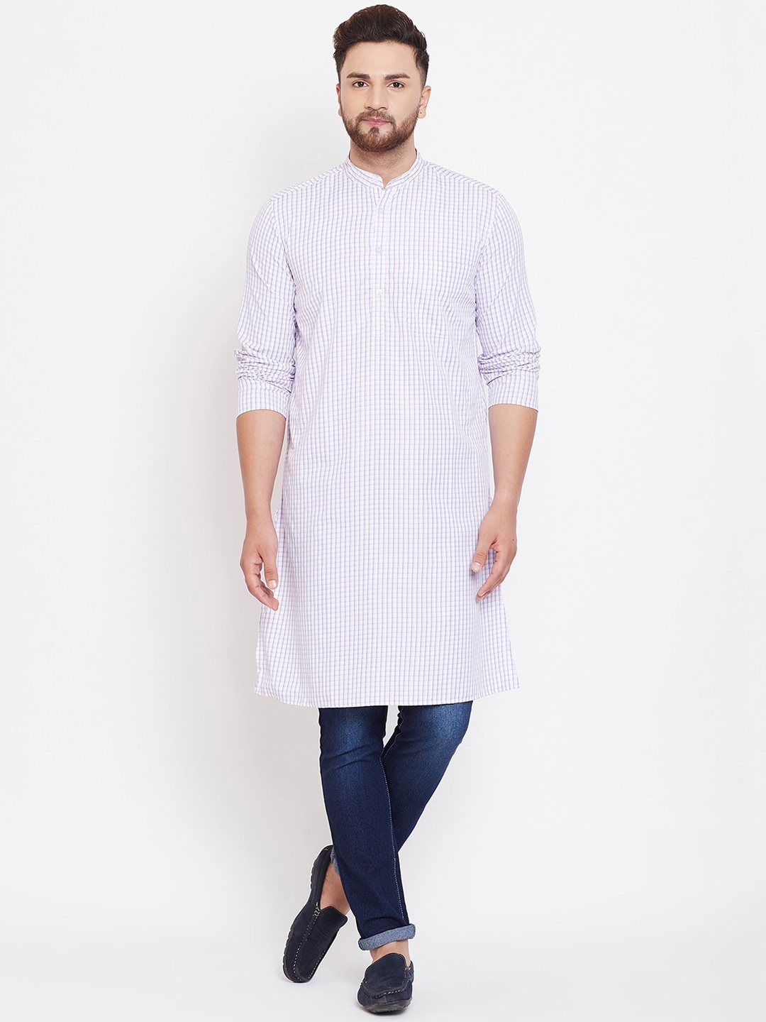 

even Men White Checked Straight Kurta