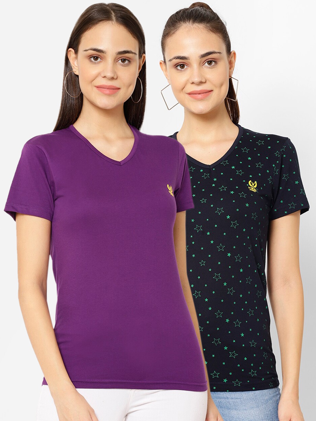 MACK JONNEY Women Pack Of 2 Printed V-Neck T-shirt, Purple