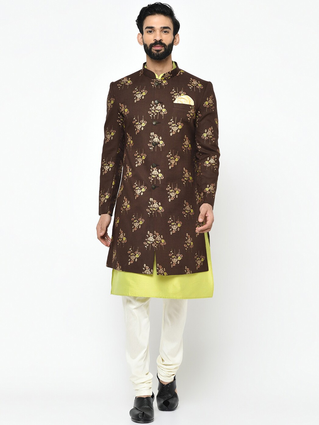 

Vartah Men Brown & Gold-Coloured Printed Sherwani Set