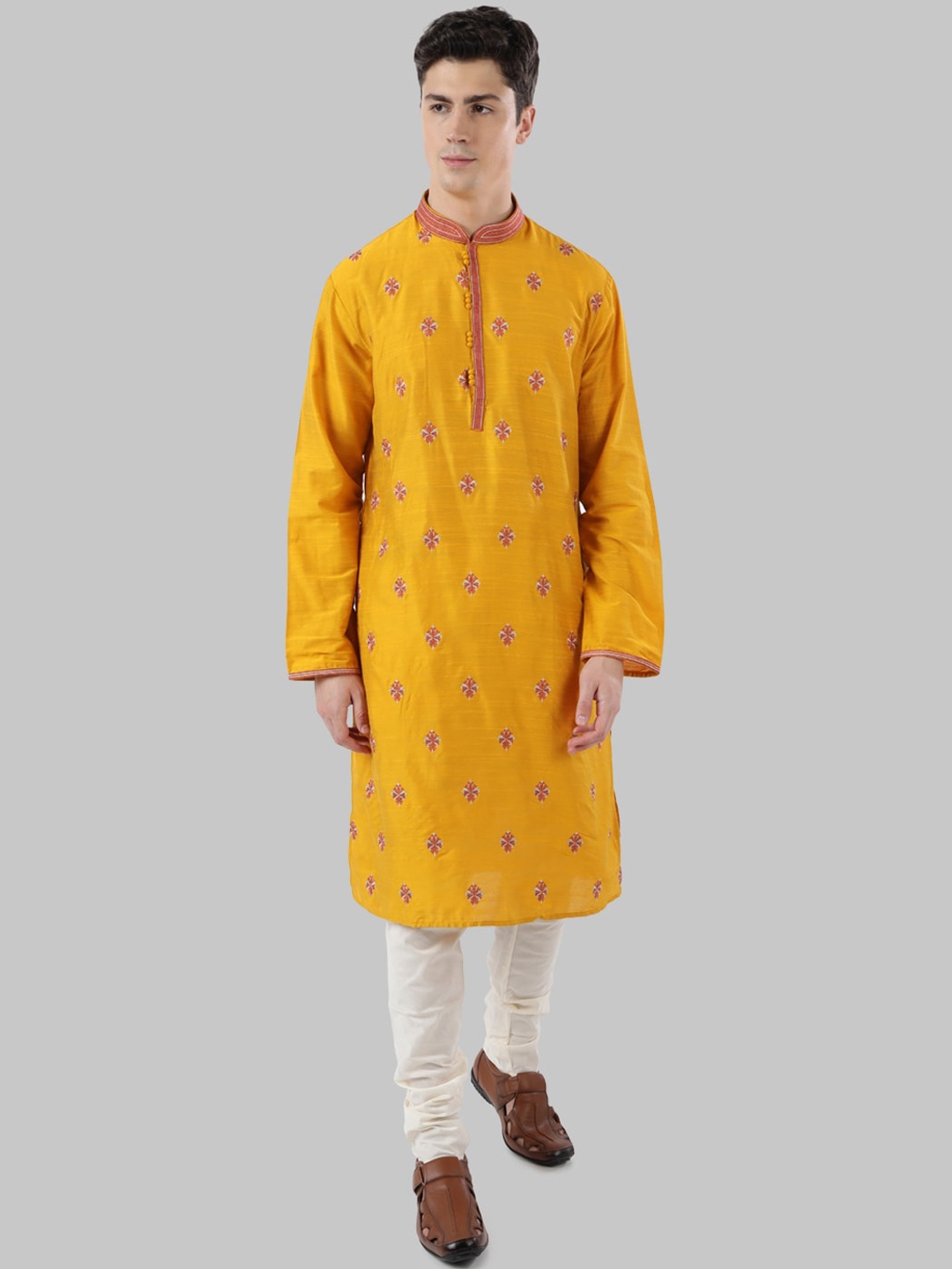 

Ethnix by Raymond Men Yellow Woven Design Straight Kurta