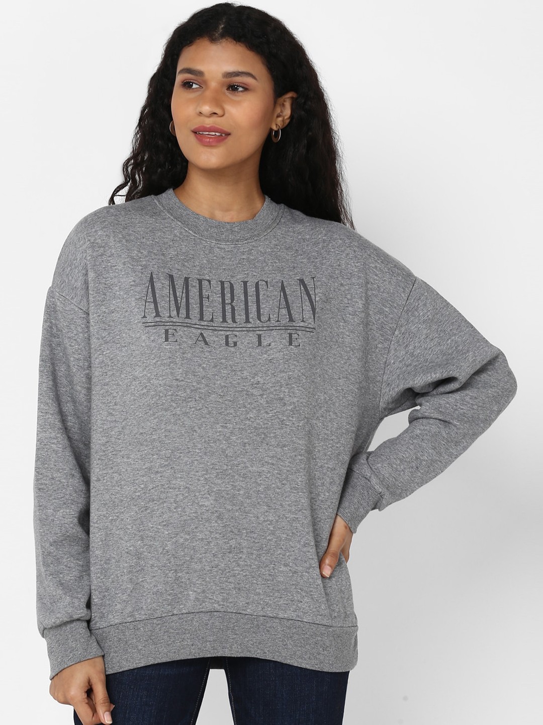 

AMERICAN EAGLE OUTFITTERS Women Grey Solid Sweatshirt