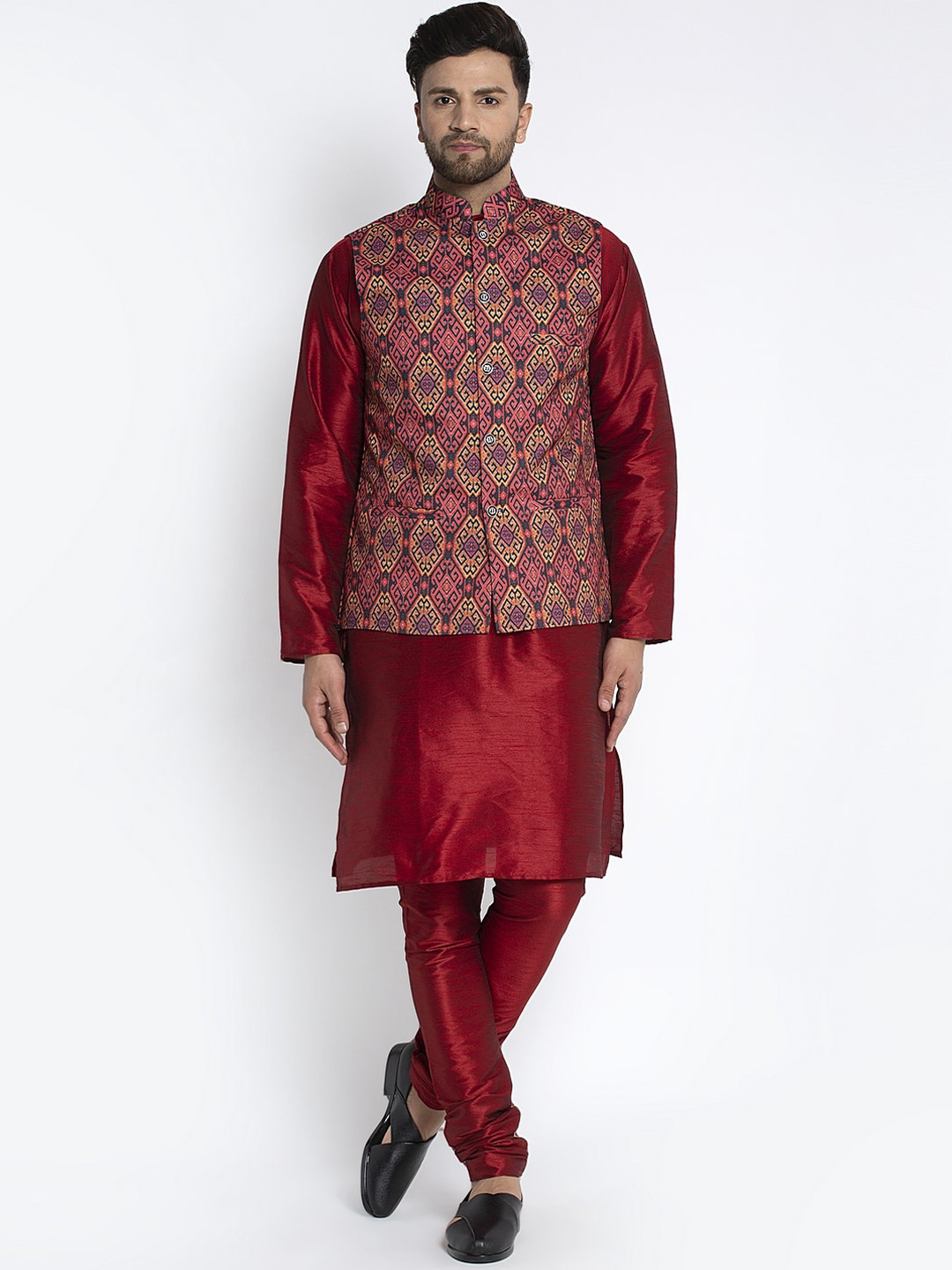 

Benstoke Men Maroon Solid Kurta with Churidar & Nehru Jacket