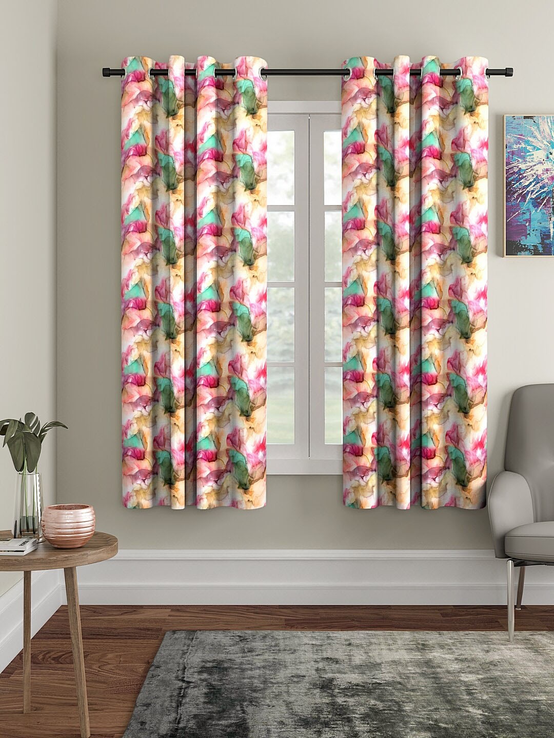

Cortina Set Of 2 Beige & Pink Digital Printed Window Curtains