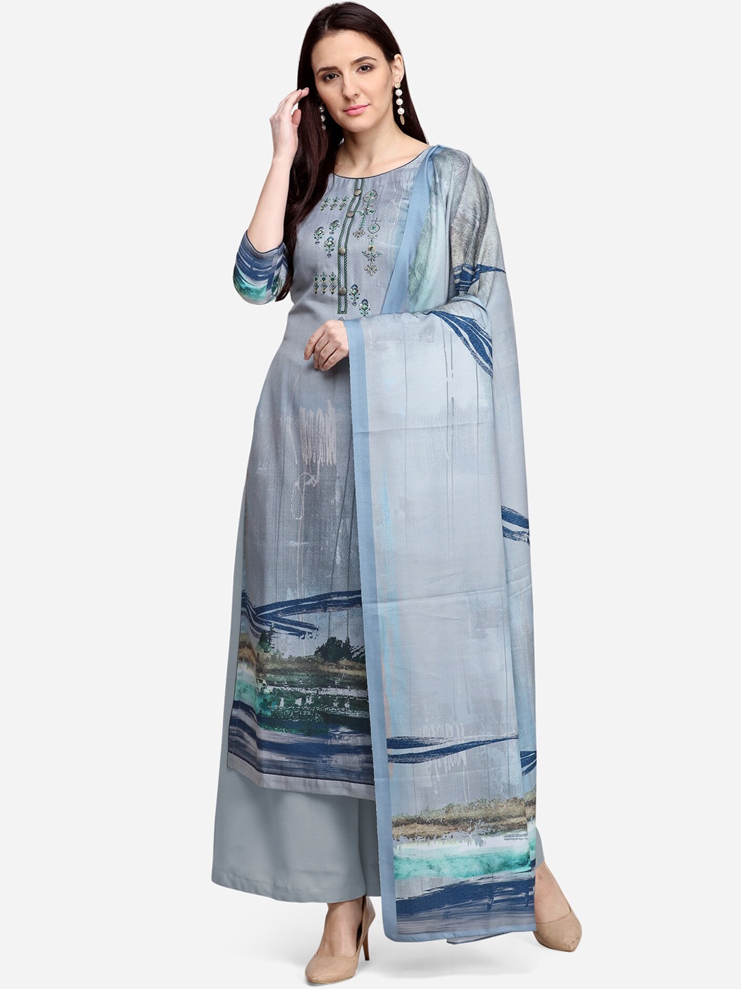 

Stylee LIFESTYLE Women Grey & Blue Printed Unstitched Dress Material