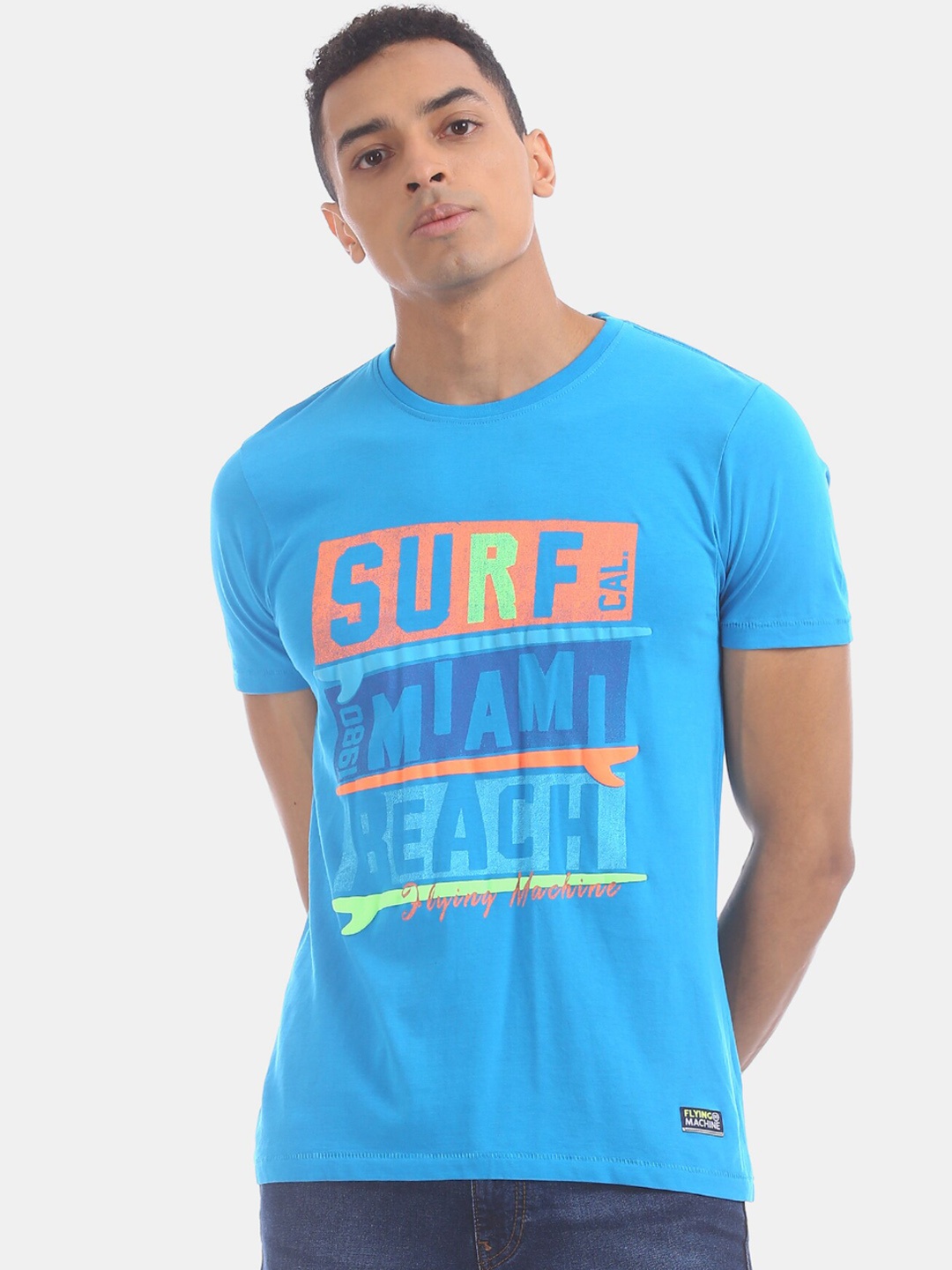 

Flying Machine Men Blue Printed Round Neck Pure Cotton T-shirt