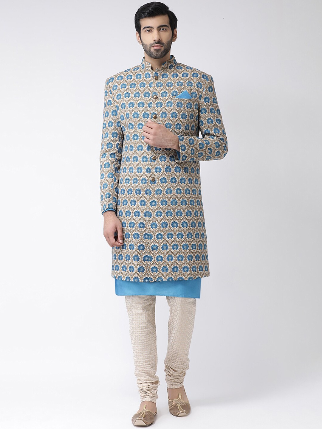 

Vartah Men Beige & Blue Printed Sherwani Set