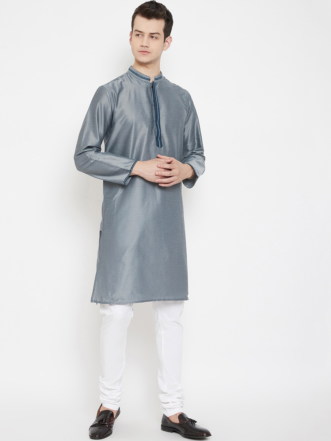 even Men Grey Solid Straight Kurta