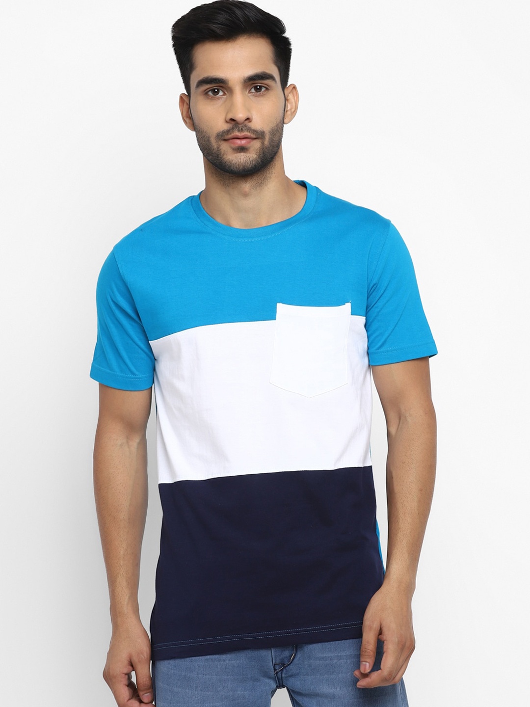 

Routeen Men Blue Colourblocked Round Neck T-shirt