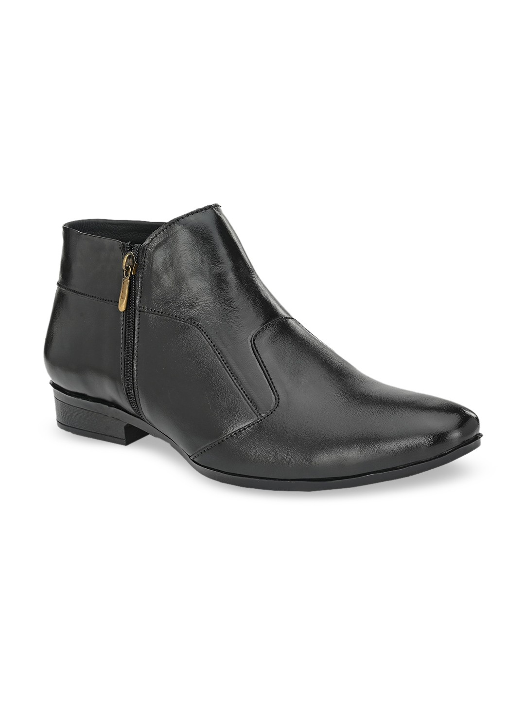 

BUCIK Men Black Solid Leather Mid-Top Flat Boots