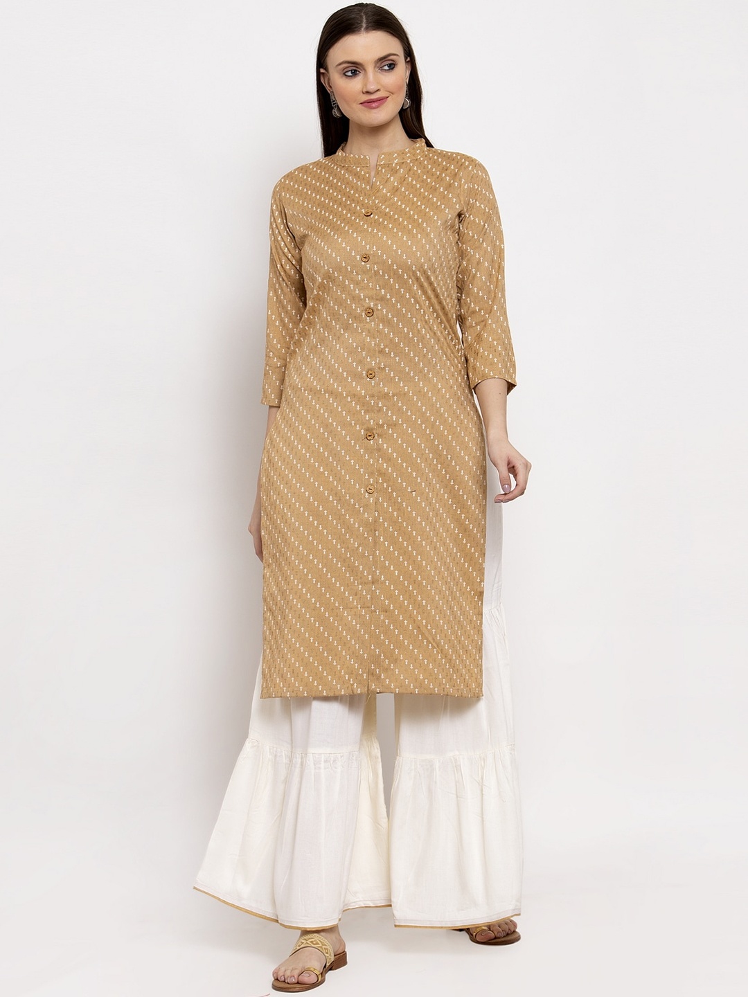 

Miaz Lifestyle Women Beige & White Printed Kurta with Sharara