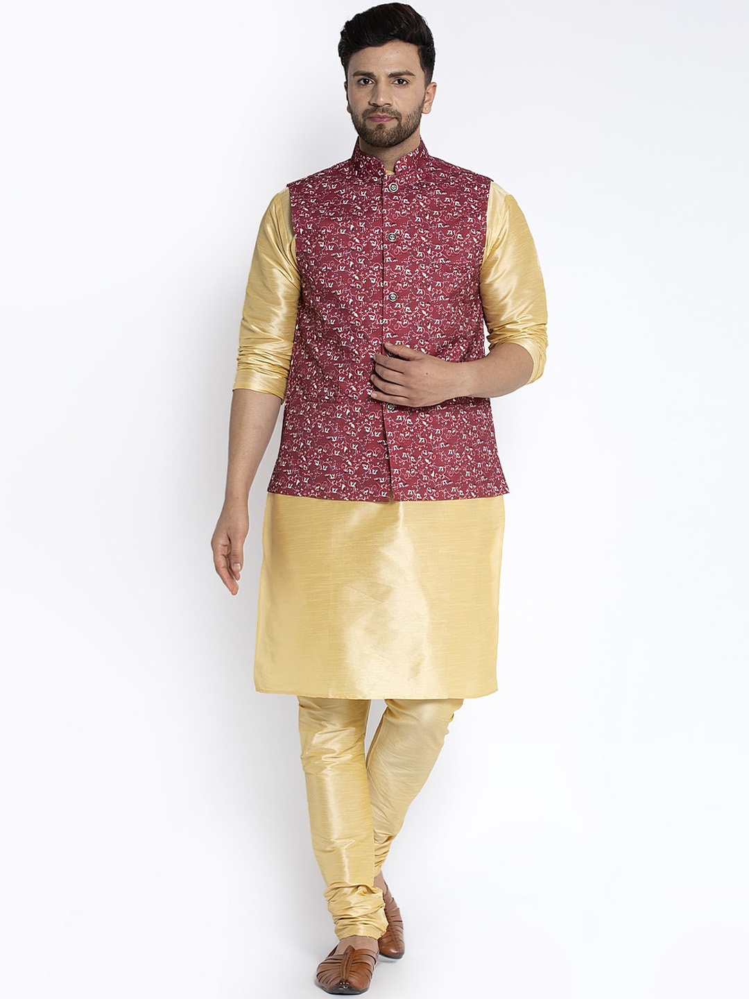

Benstoke Men Gold-Toned & Pink Solid Kurta with Pyjamas