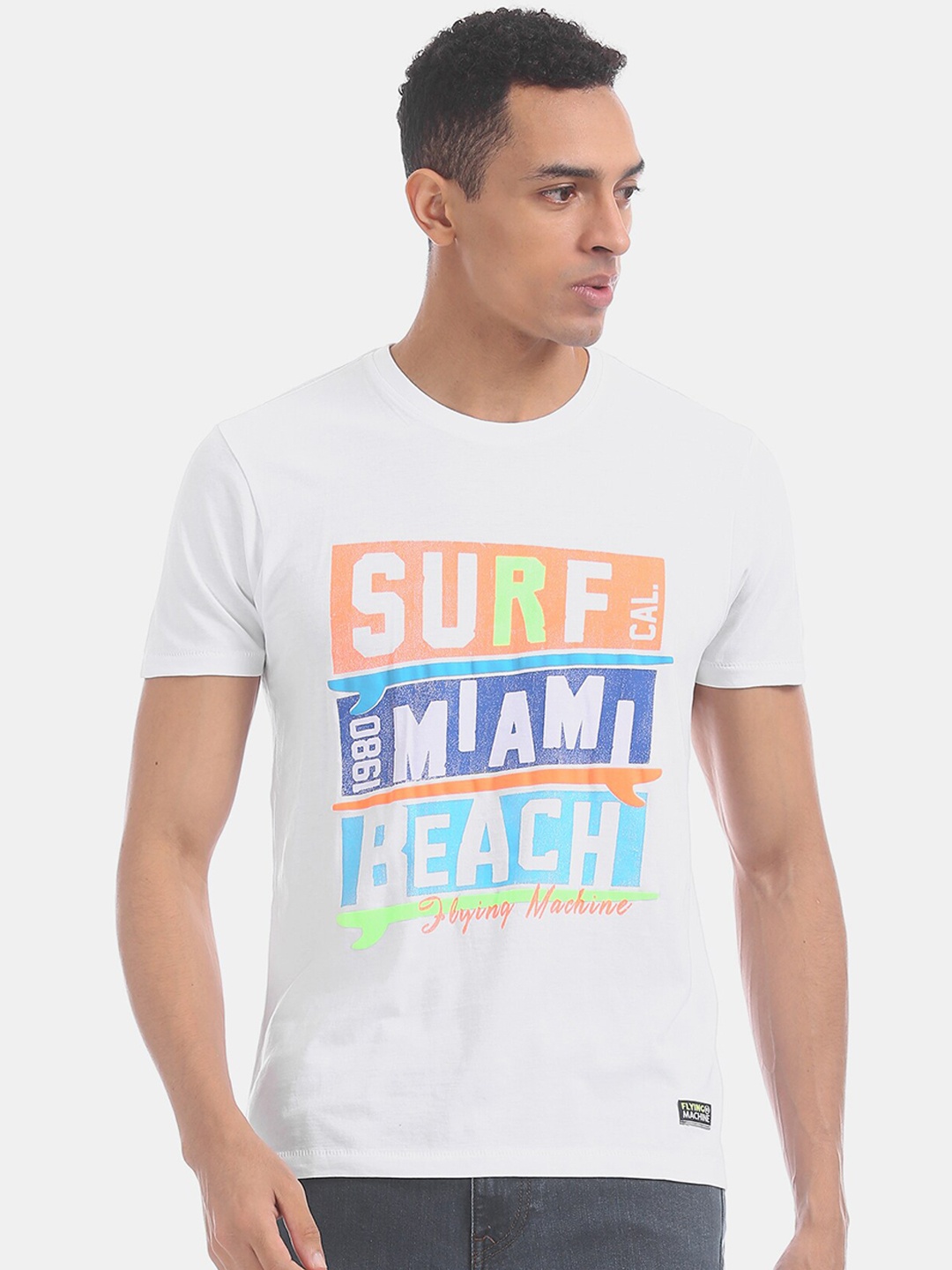 

Flying Machine Men White Printed Round-Neck Pure Cotton T-shirt