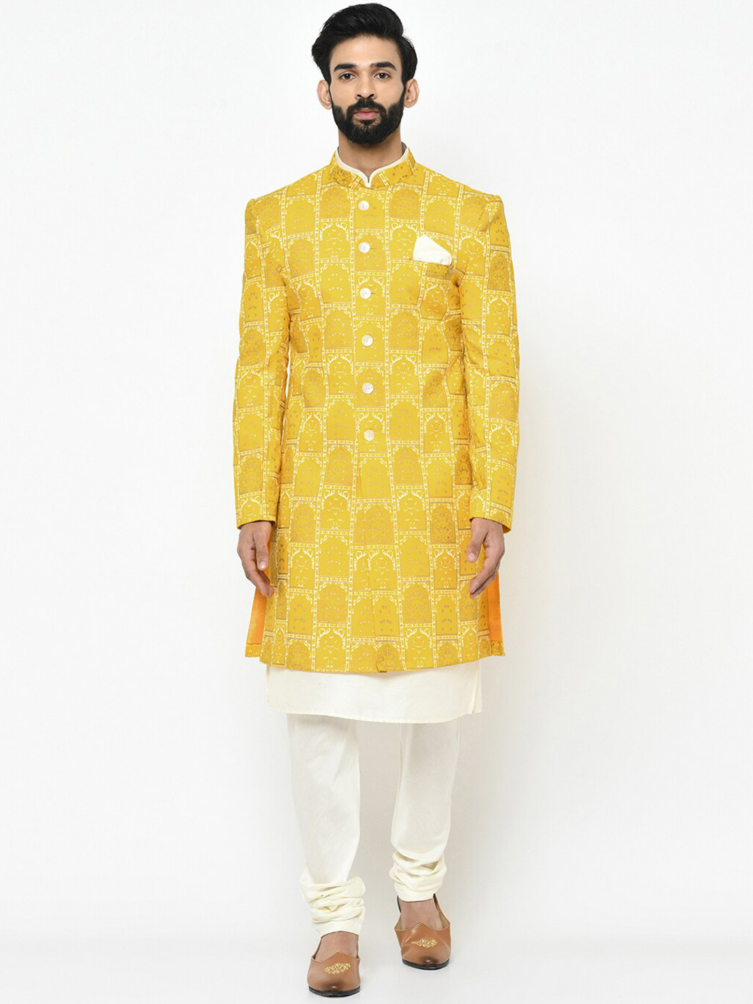 

Vartah Men Yellow & White Printed Sherwani Set