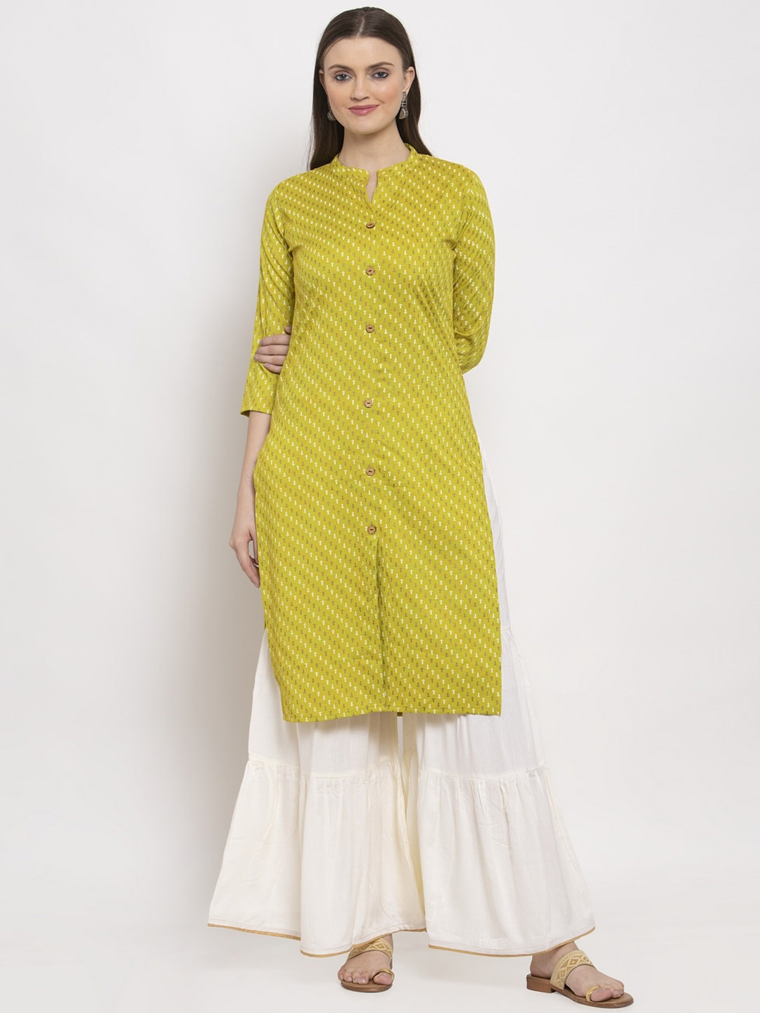 

Miaz Lifestyle Women Green & White Printed Kurta with Sharara