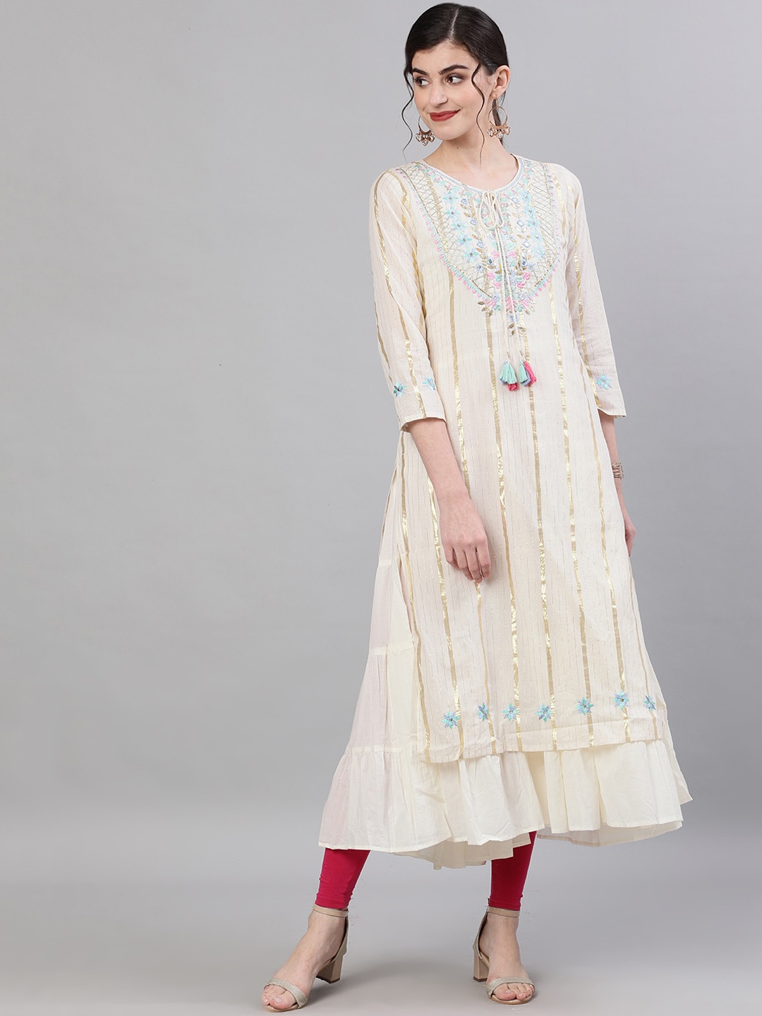 

Ishin Women Off-White & Off-White Embroidered A-Line Kurta
