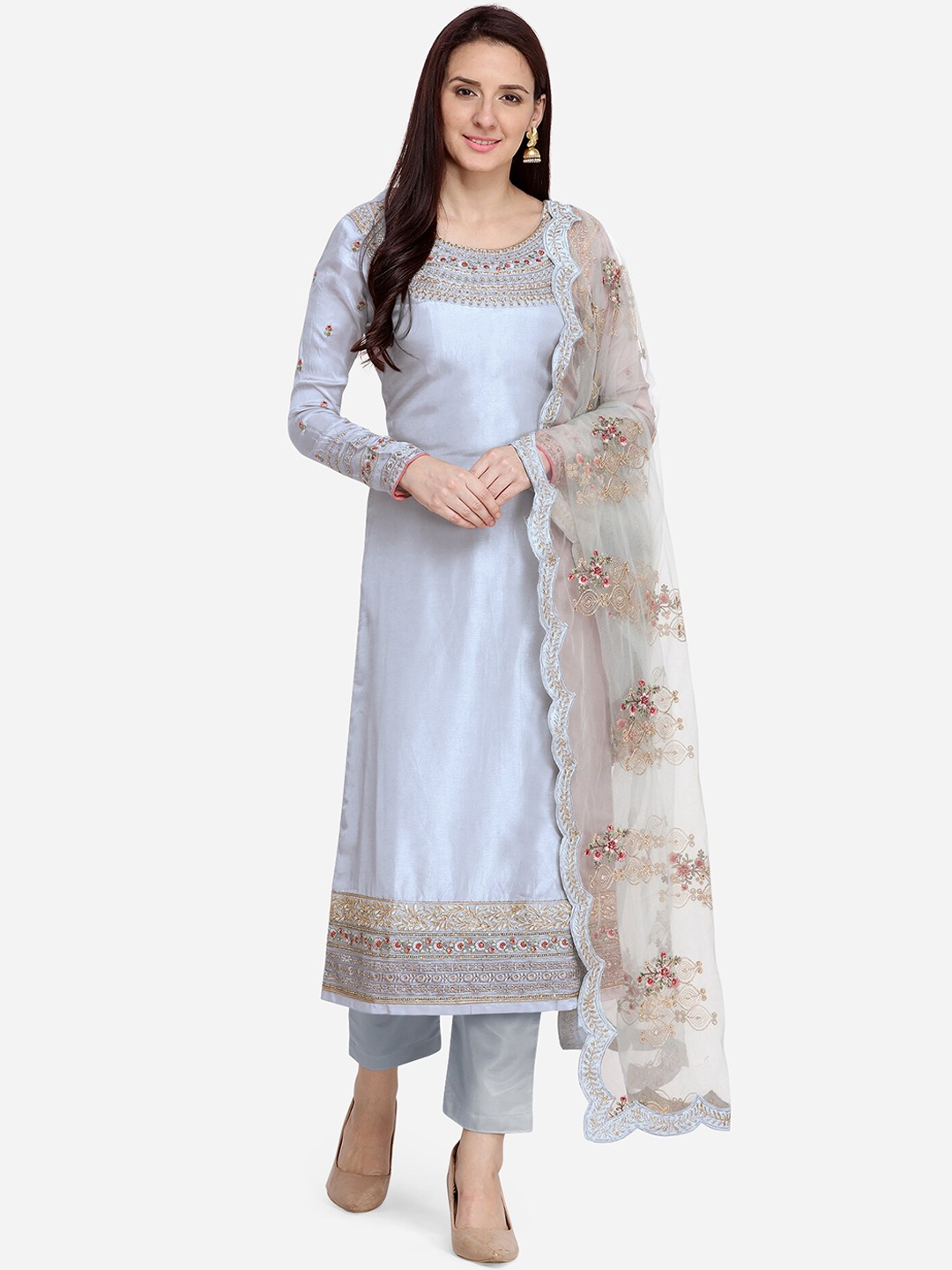 

Stylee LIFESTYLE Women Grey & Gold-Coloured Embroidered Unstitched Dress Material
