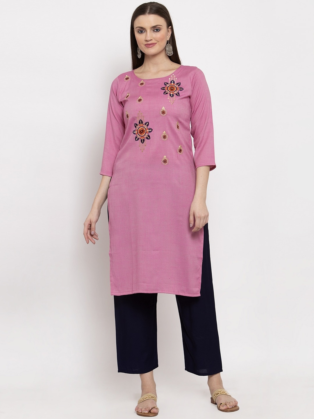 

Miaz Lifestyle Women Pink Embroidered Straight Kurta